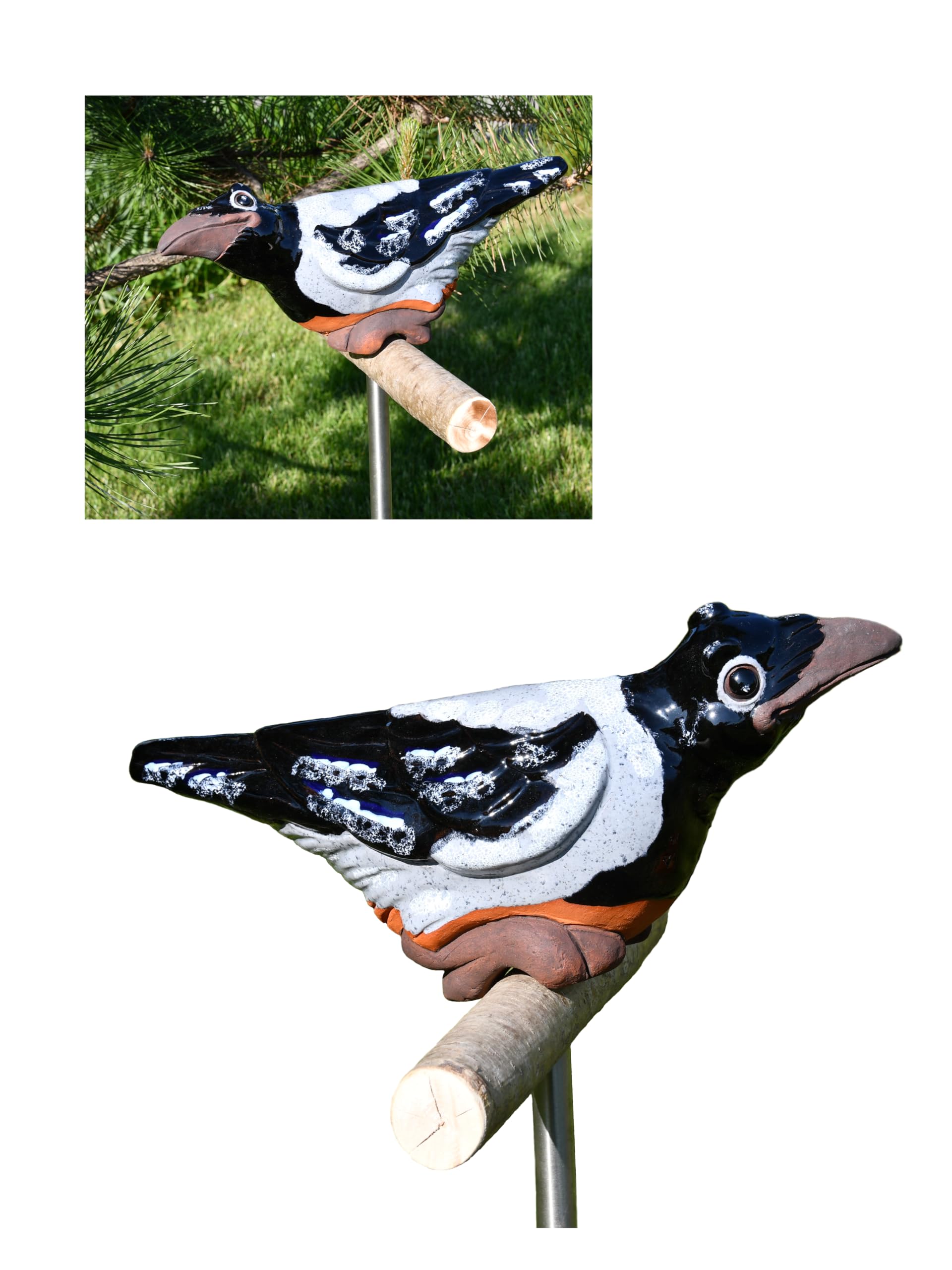 Gartenstecker Keramik Handgefertigt - Gartendeko für Draußen Wetterfest - Garten Deko Keramik - Gartenfiguren & Gartenstatuen - Krähe