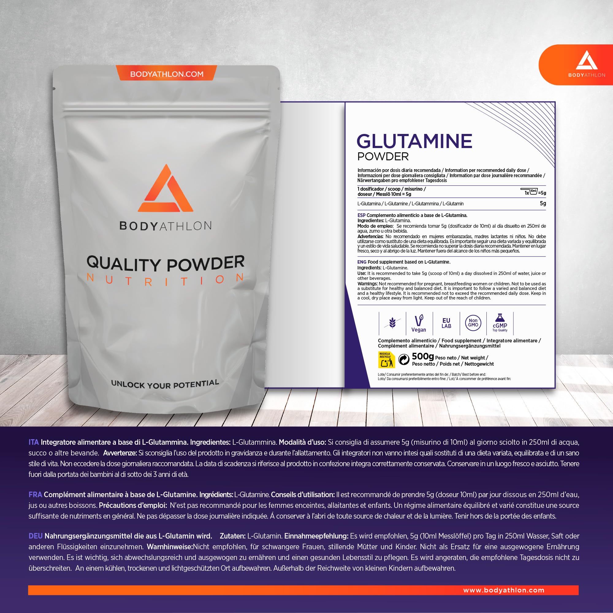 L-Glutammina in polvere 500g - aminoacido L-Glutammina dal sapore puro - 100 dosi di L-Glutammina vegana e senza glutine - Recupero muscolare - Bodyathlon