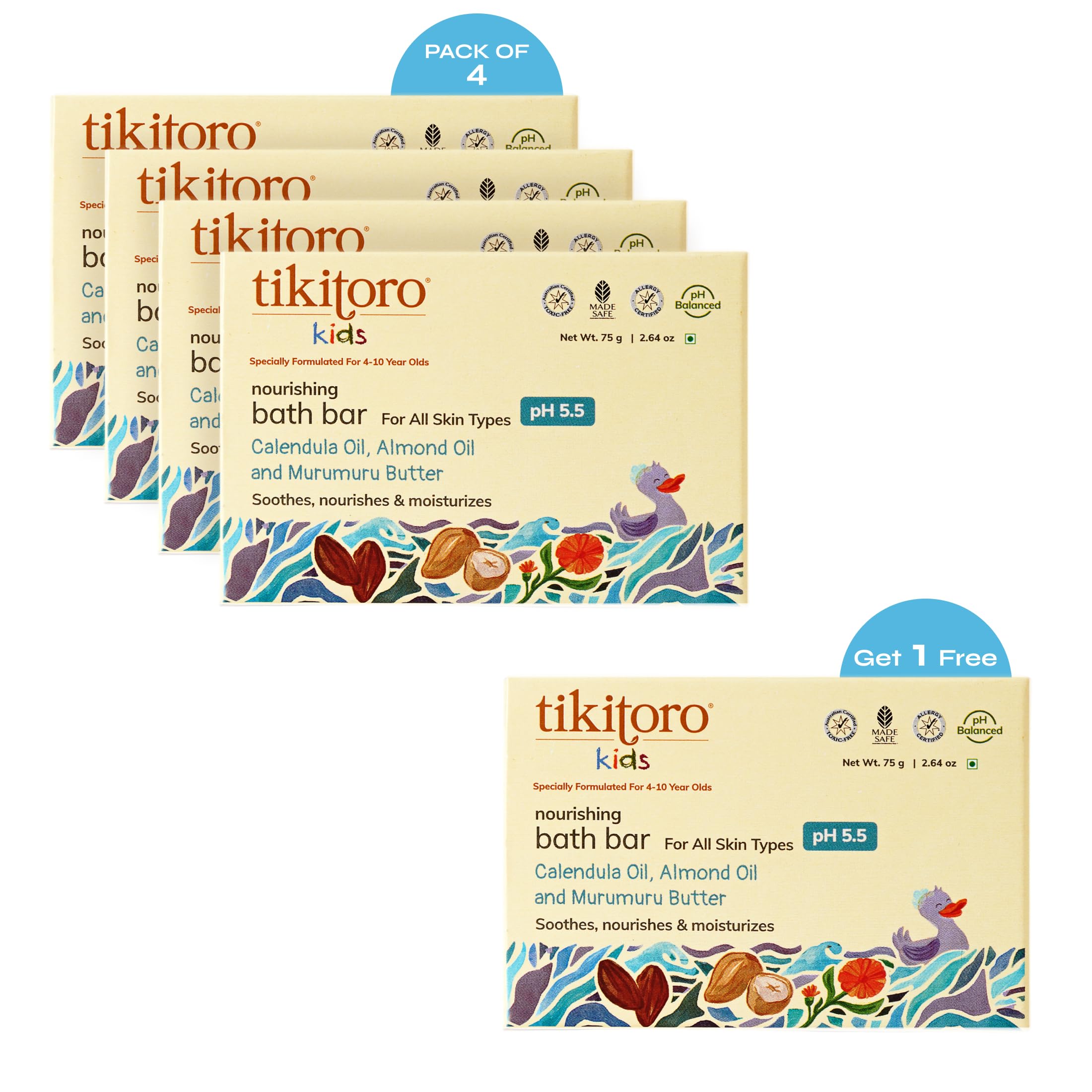 Tikitoro Kids Nourishing Bath Bar Value Pack (4 Plus 1 x 75g) | Pediatrician Approved | Murumuru Butter | Nourishes and Moisturizes Skin | All Skin Types, No Parabens & Sulphates (4-10 Years)-image-2