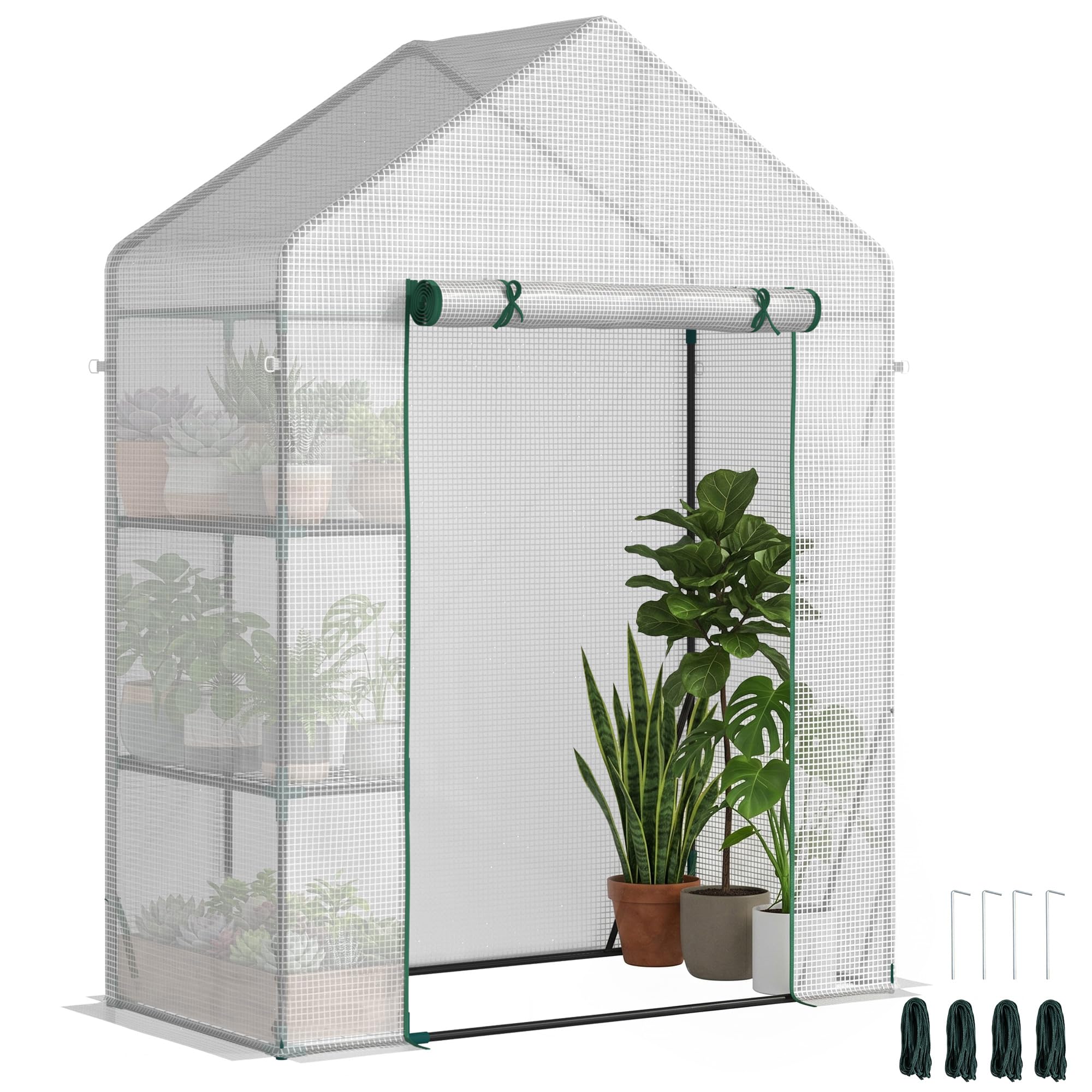 Outsunny Serra da Giardino in Acciaio e Copertura PE, Serra per Piante con 2 Scaffali e Porta Avvolgibile, 143x73x195cm, Bianco