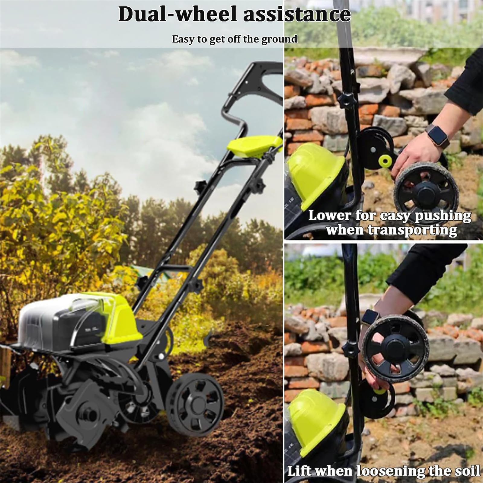 Elektryczny rotavator, kultywator ogrodowy z kołami pomocniczymi, głębokość uprawy 18 cm, szerokość 36 cm, podwójne baterie litowe do wydajnego ogrodnictwa glebowego