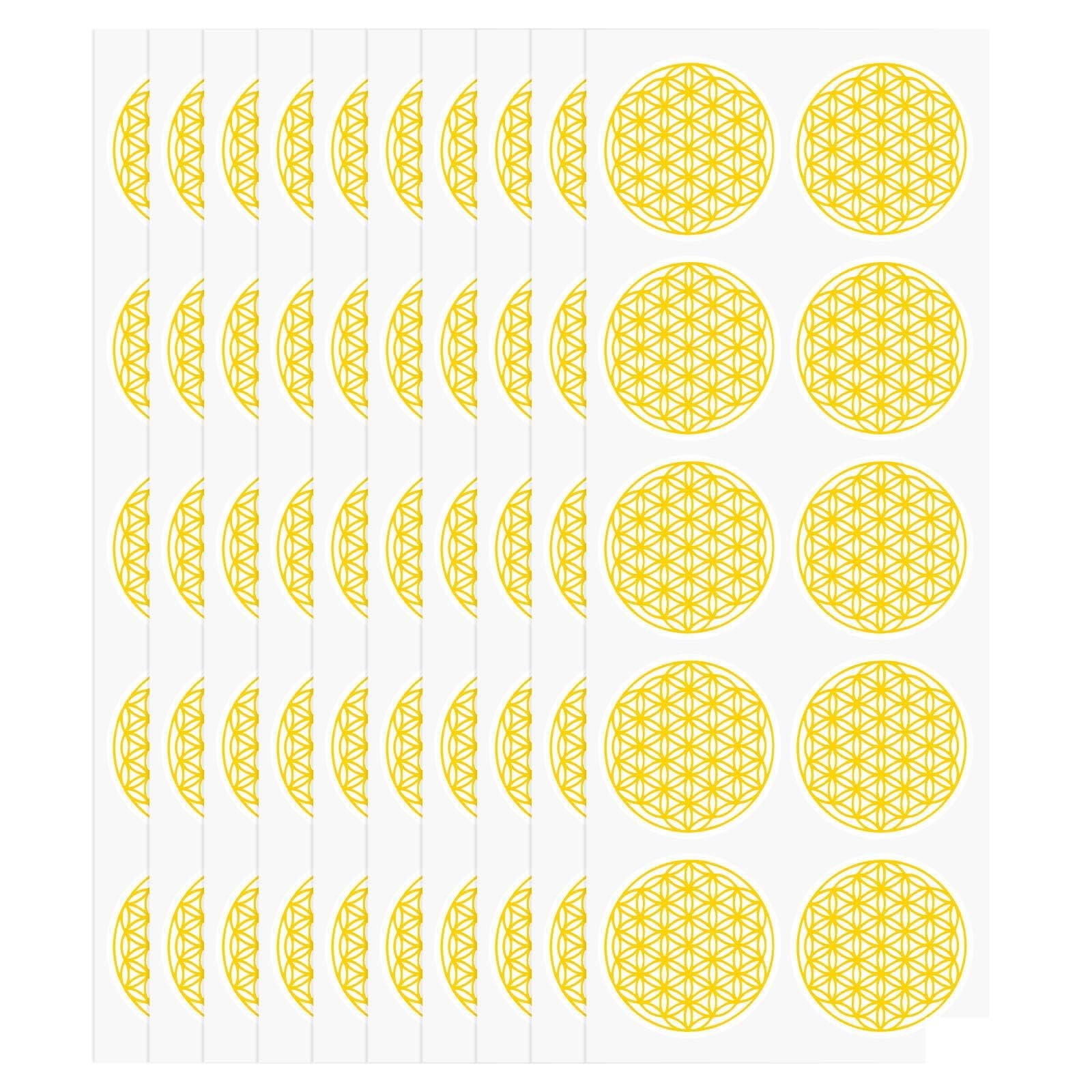 VOSSOT 100 Stück Blume des Lebens Aufkleber 5x5 cm Rund, Selbstklebende Sticker Wasserfest Gold Heißprägung, Spirituelle Sticker für Fenster Glas Handy Notizbuch Geschenk Deko