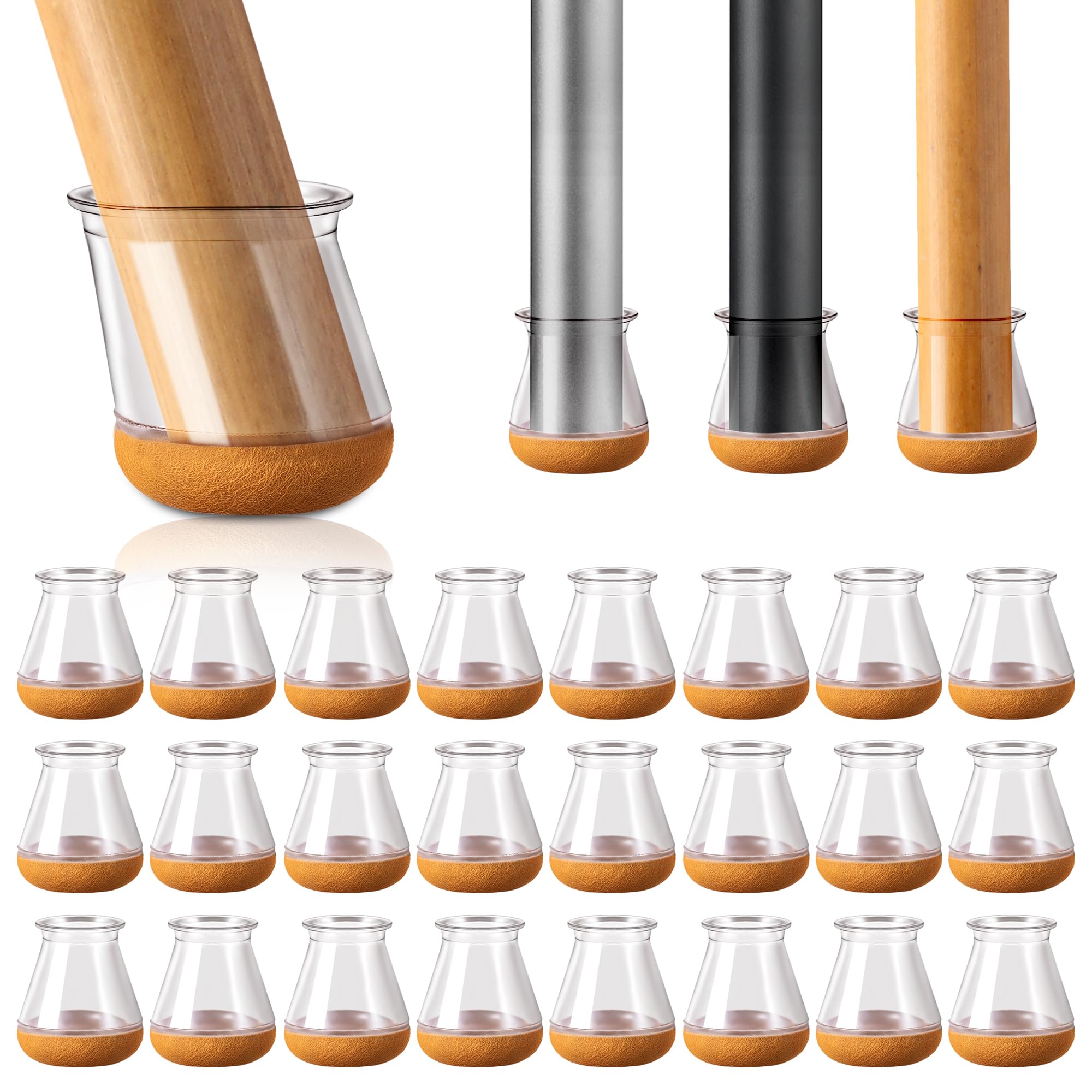 Protection Pied de Chaise Silicone, 24 pièces Ronds avec Feutre Épaissi, Capuchons Anti-Rayures et Réducteurs de Bruit pour Tous Sols Durs (Diamètre: 20-30mm)