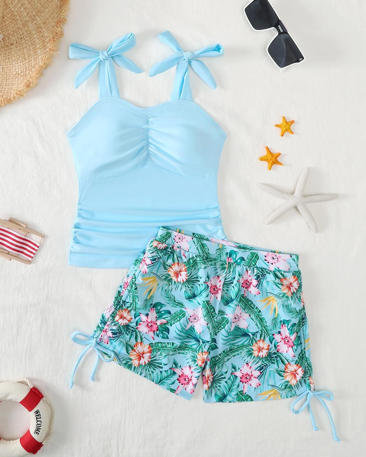 Girls Tankini Swimsuit 2 Piece Ruched Tie-Straps Swimwear Drawstring Swim Shorts Girl Bathing Suit 7-16Y - Image 2