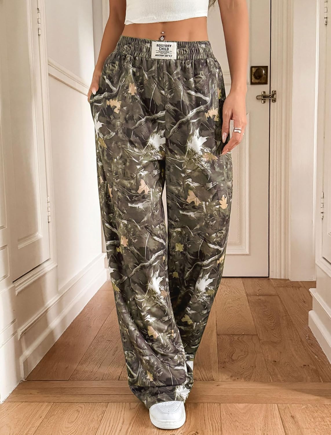 ZAFUL Women's Camo Sweatpants Y2K Elastic High Waisted Wide Leg Casual Straight Cargo Pants Joggers with Patch Detail - Image 3