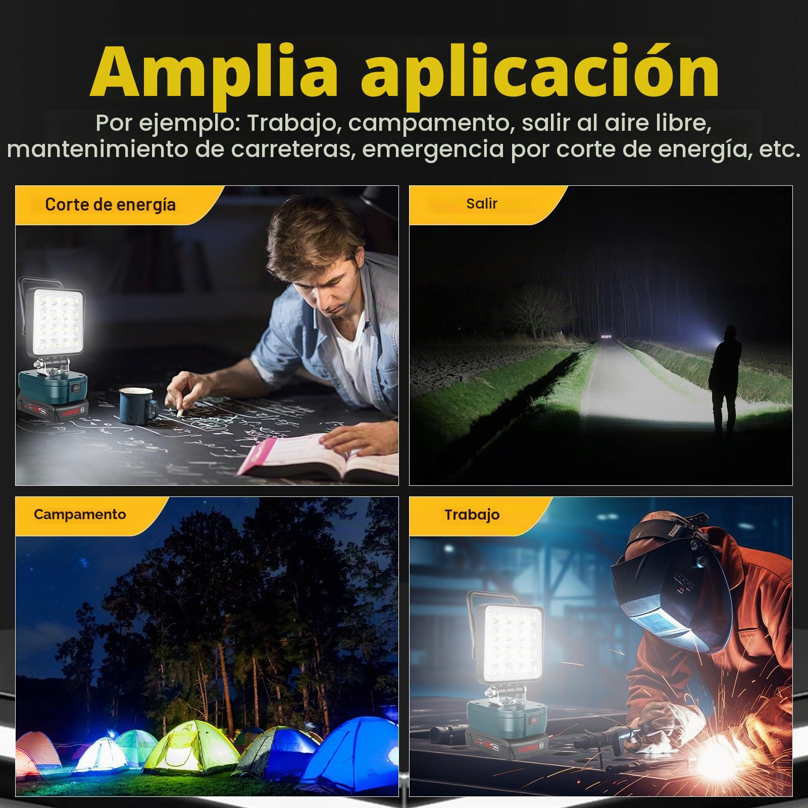 SKYWORLD Luz de trabajo LED inalámbrica para batería Bosch de 18 V, 48 W, 4800 lm, reflectores portátiles para iluminación de camping de bajo voltaje al aire libre, taller, garaje, lugar de trabajo