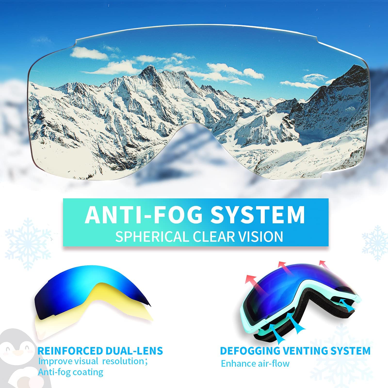 Freela Occhiali da sci e snowboard per bambini (3-14) occhiali antinebbia anti-UV per ragazze ragazzi attrezzatura da sci da neve