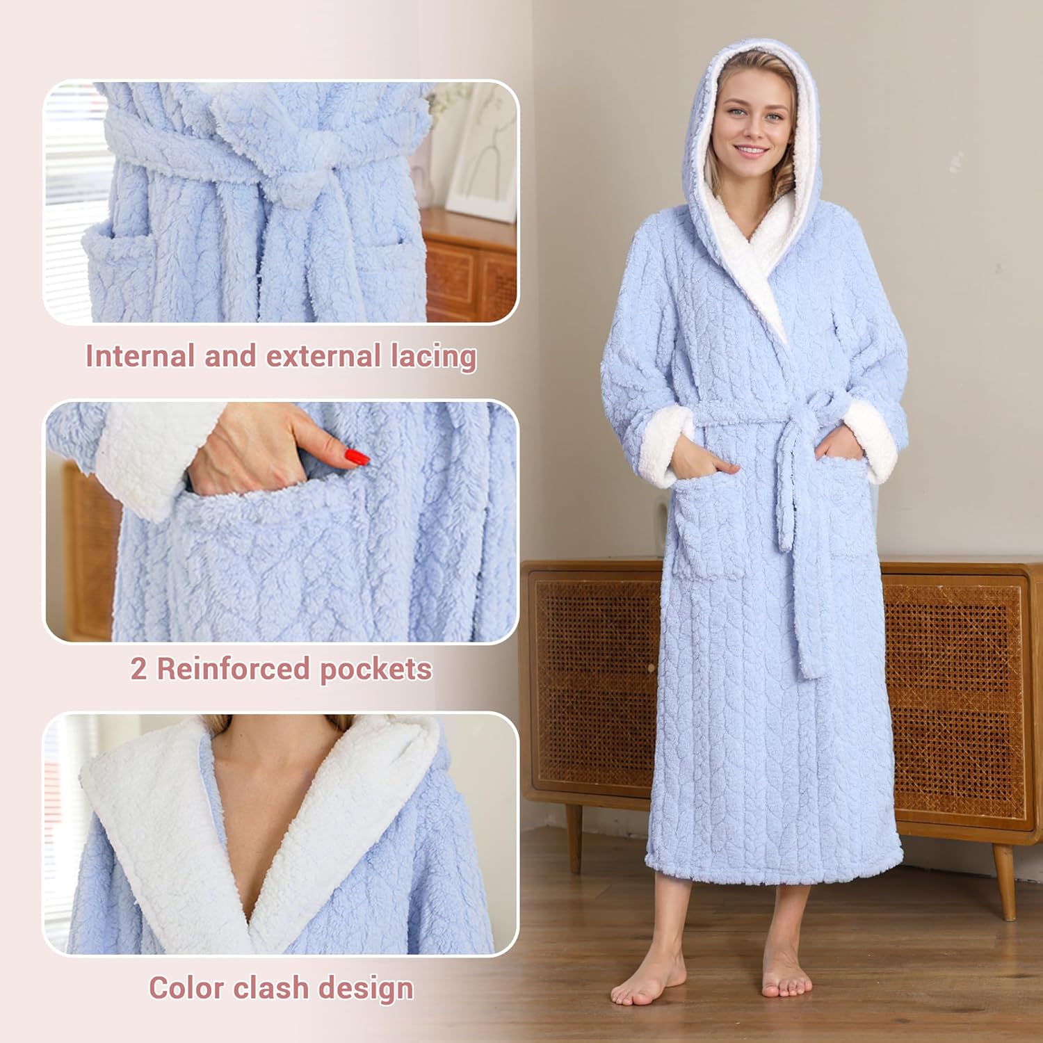 LYCY Plush Full-Length Hooded Robe for Women, Warm Winter Fleece Bathrobe with Pockets - Image 2