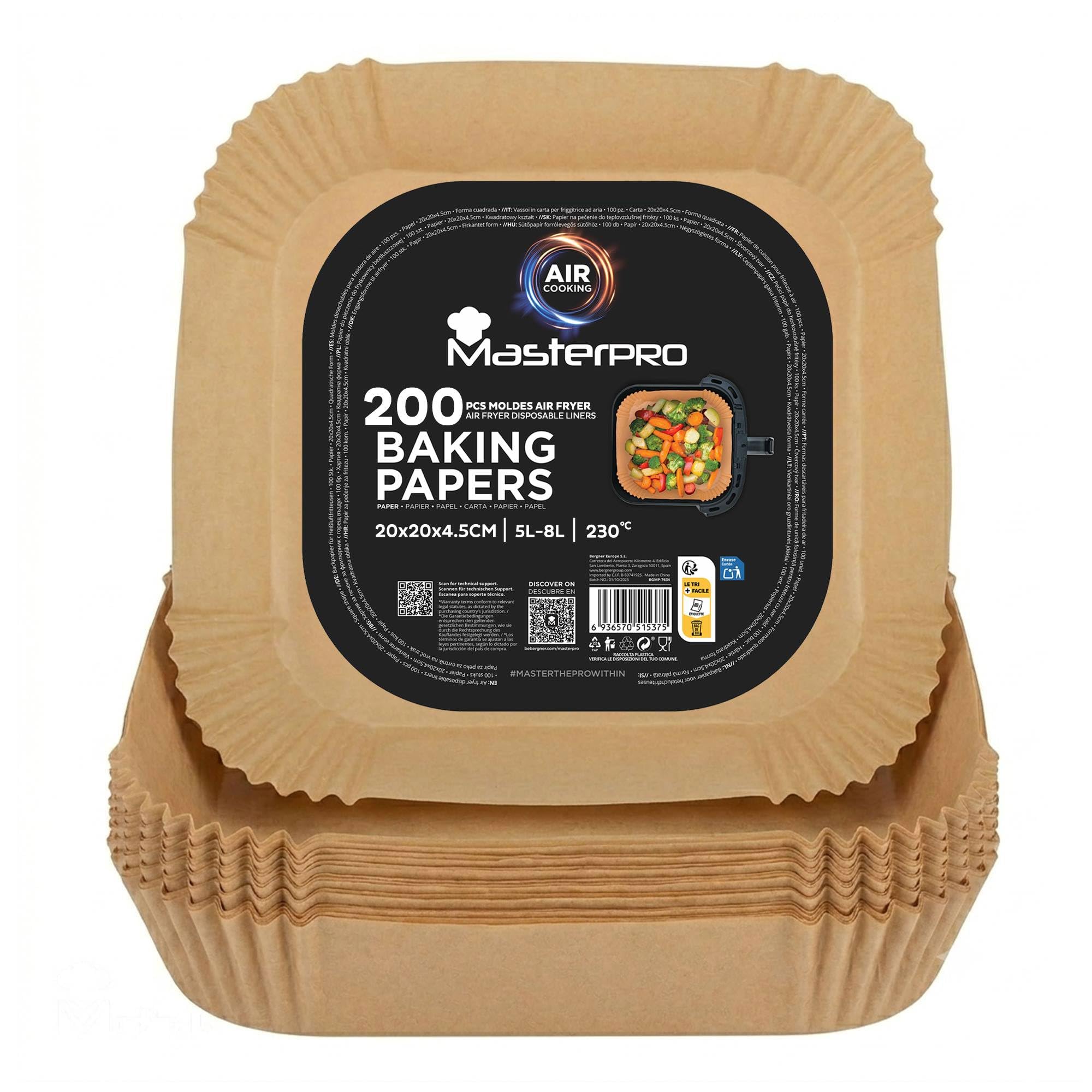 Papel para Freidora de Aire | Pack de 200 Moldes de Papel de Horno Desechable Antiadherente | Compatible con Cosori, Cecotec, Philips| 20x20x4,5cm: Air Fryer de 5 L a 8 L