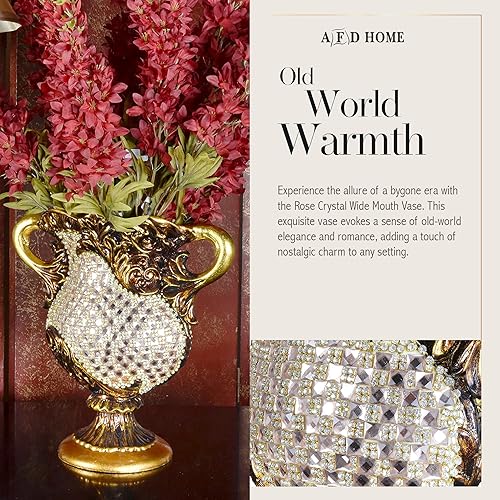 Miniatura 4 de AFD Home Jarrón de boca ancha de cristal rosa, jarrón decorativo con acabado dorado antiguo bruñido, 13 pulgadas de alto