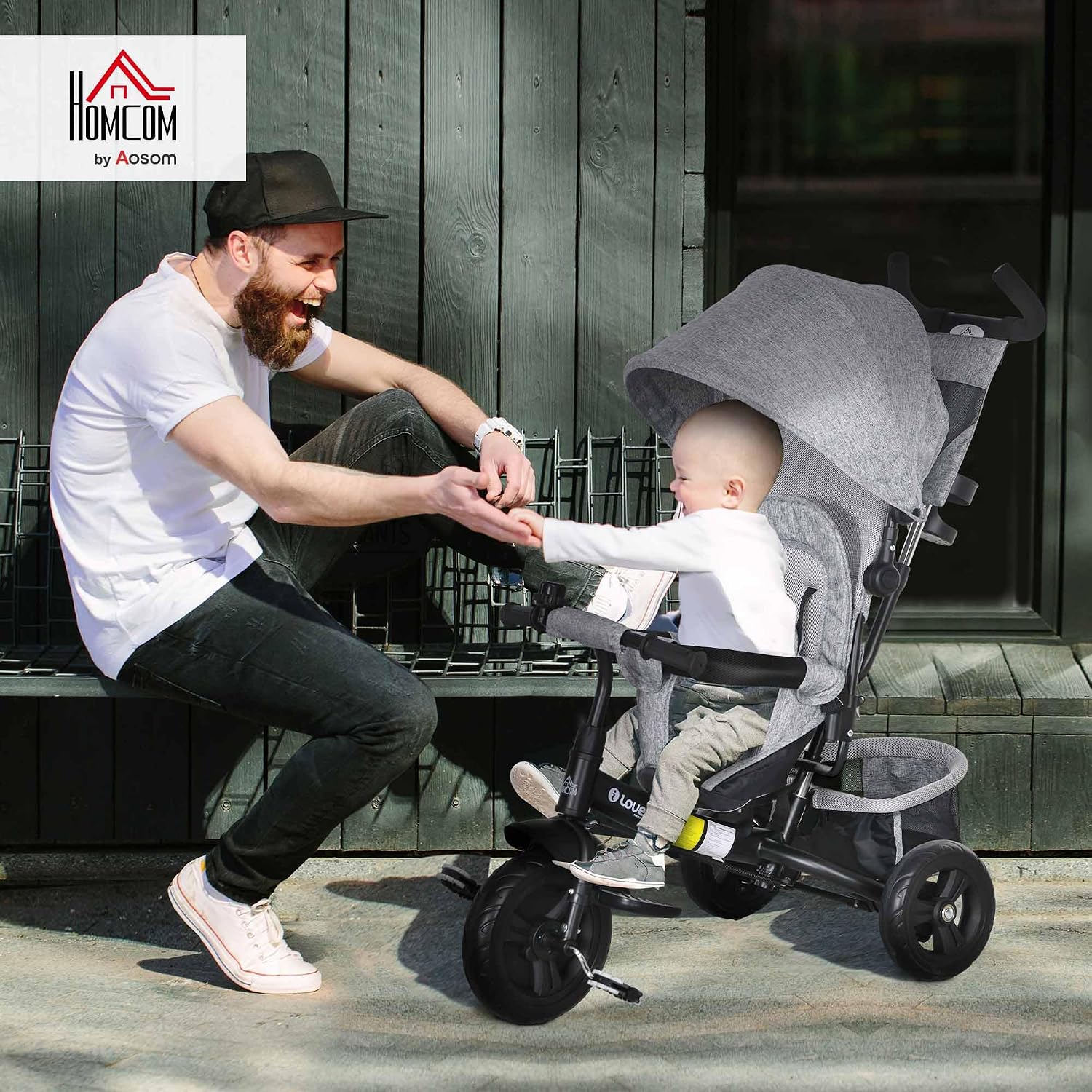 HOMCOM 6 in 1 Trike, Kids Tricycle, Pedal Push Bike w/Push Handle, Removable Canopy, 5-point Safety Belt, Storage, Cushion, Footrest, Brake, for 1-5 Years Toddler, Grey