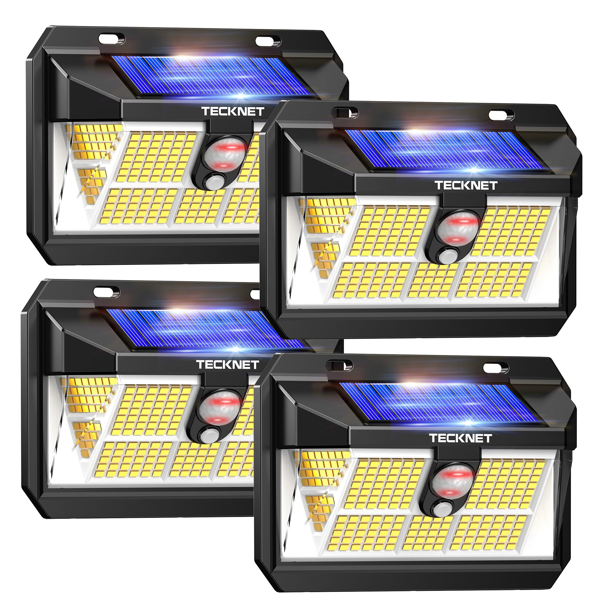 TECKNET Luz Solar Exterior, 236 LED/300° Iluminación (Ilumina 35㎡) Brillo Alto Luces Solares con Sensor de Movimiento, 3 Modes IP65 Impermeable Focos Led Solares para Jardín, Garaje, Patio, 4 Paquete