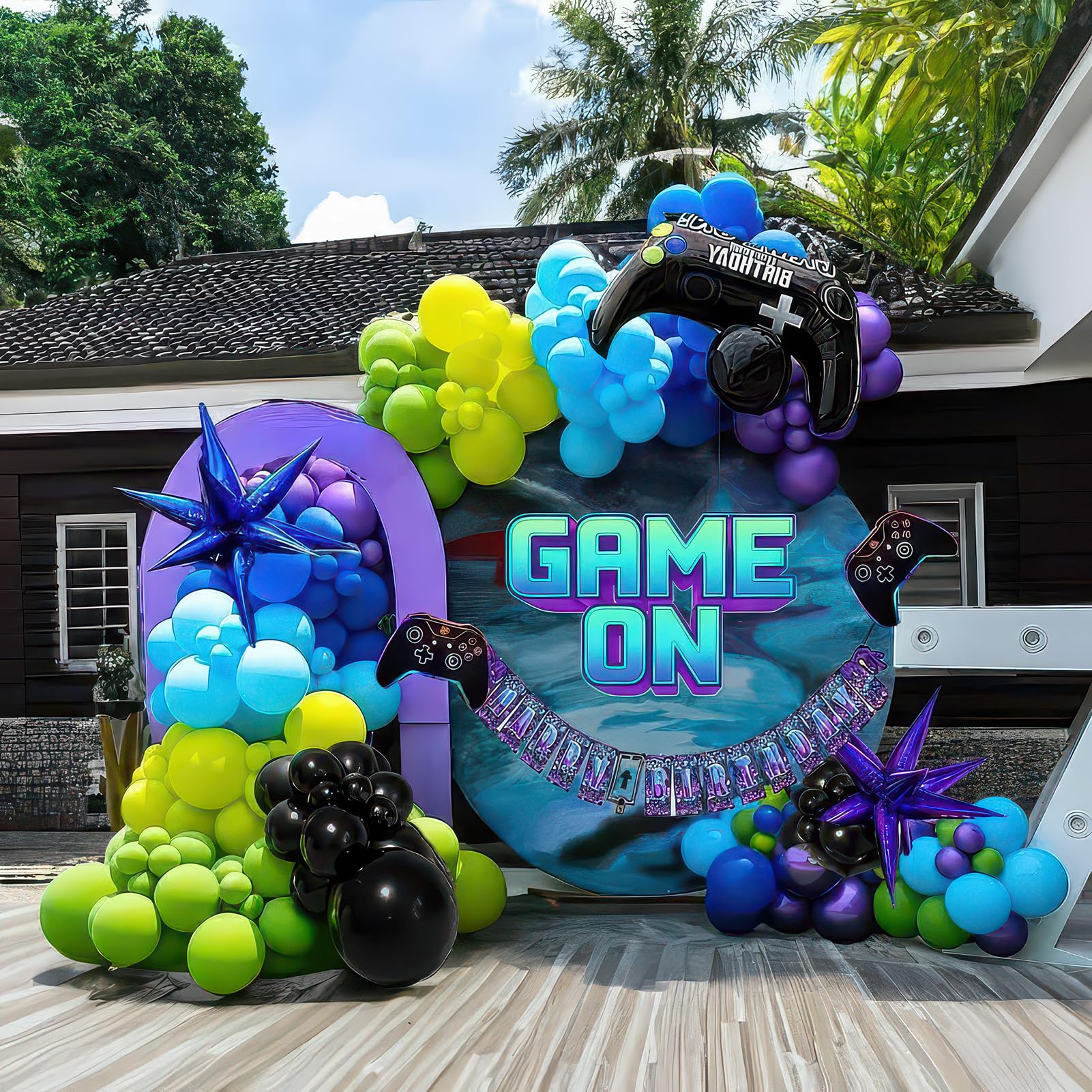 yeewaka Video game balloon garland arch kit 140pcs purple blue green black balloons with Diy star controller mylar balloon for gamer night Birthday