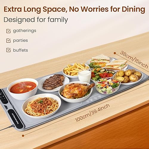 Miniatura 5 de Tapete calentador de alimentos de calentamiento rápido, bandeja de calentamiento eléctrico grande con 7 niveles de temperatura y temporizador de 8