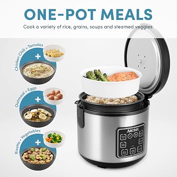 AROMA 8-Cup (Cooked) / 2 Qt. Digital Rice & Grain Multicooker, Durable Nonstick Inner Pot, Oatmeal, Steam, White & Brown Rice, Keep Warm