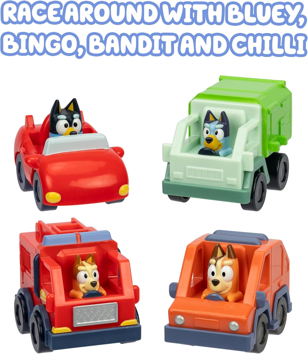 Bluey Mini Racers Toy Vehicles Set of 4, Garbage Truck, Convertible, Family Car, and Firetruck Small Toy Cars, Toddler Car Toys for Ages 3+