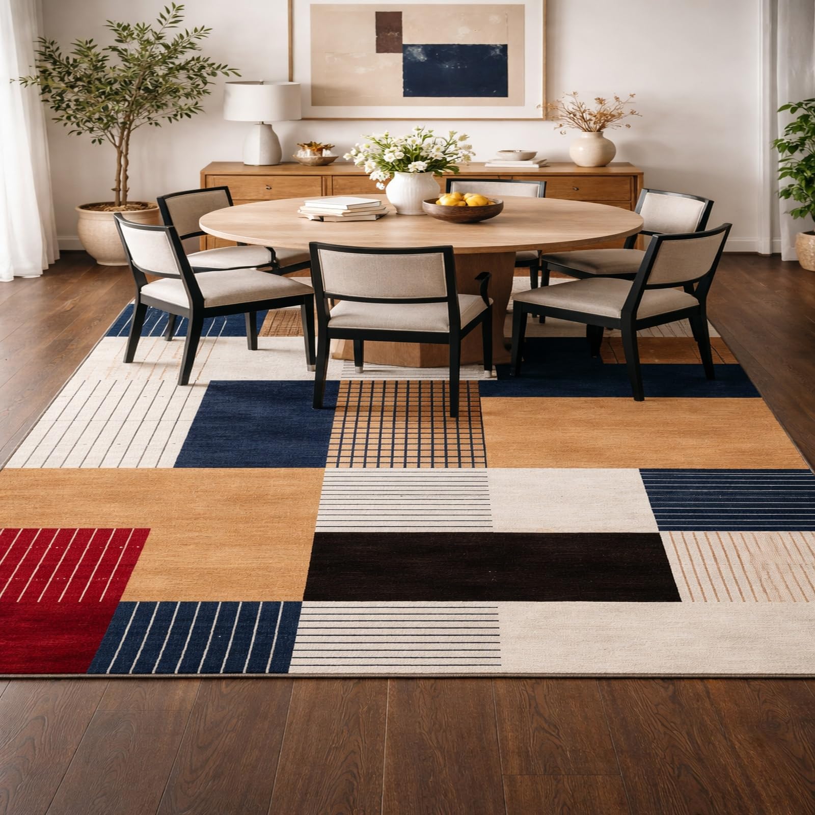 Tapis salon lavable moderne géométrique multicolore 150x150 cm