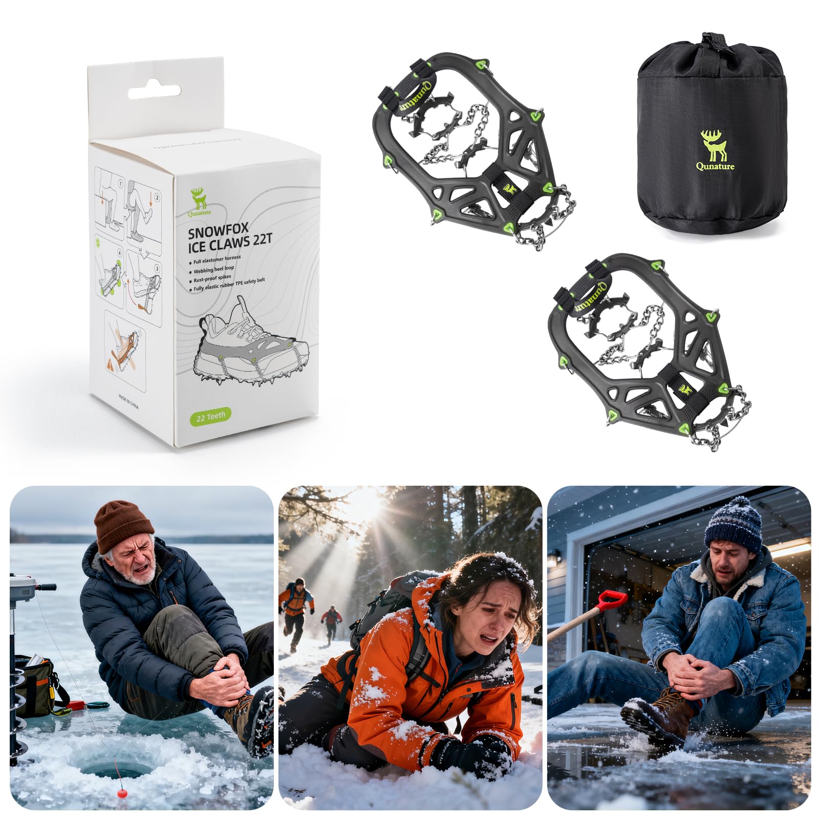 Crampons Antidérapants avec 22 Pointes en Acier Inoxydable, Chaussures d’Alpinisme Antiglisse pour Homme Femme, Randonnée, Trail, Pêche sur Glace, avec Pochette, Noir Vert, S/M/L