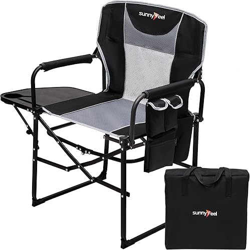SUNNYFEEL Silla de directores de camping, resistente, silla plegable portátil de gran tamaño con mesa auxiliar, bolsillo para playa, pesca, viaje,
