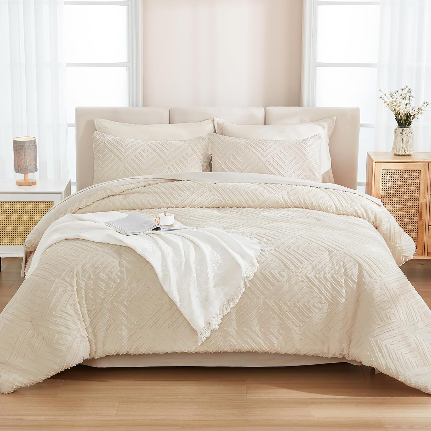 Beige King Microfiber Bed in a Bag Set with Geometric Design