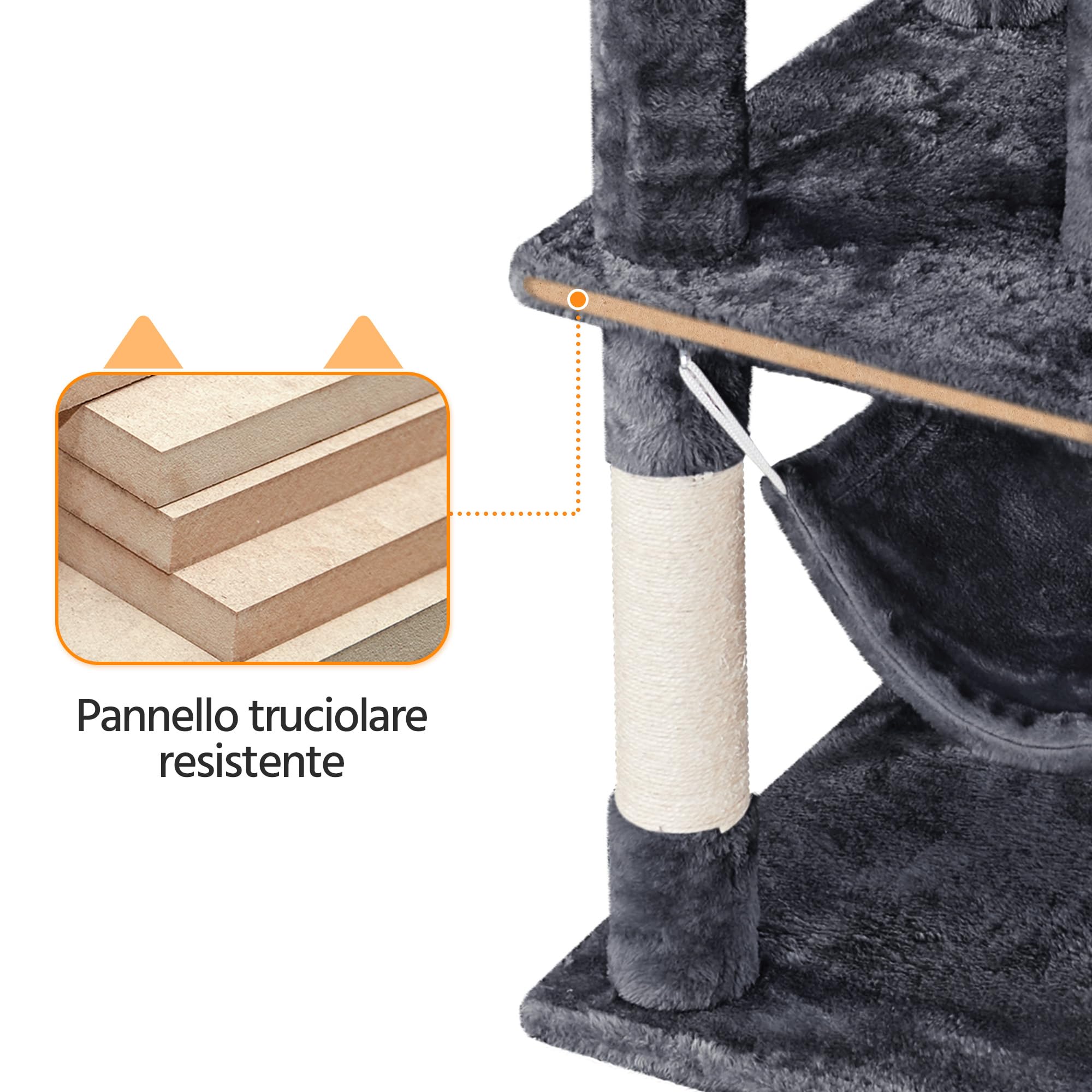 Yaheetech Albero Tiragraffi per Gatti 170 cm in Truciolato e Sisal con Posatoio Palla da Gioco Condomini Grigio Scuro