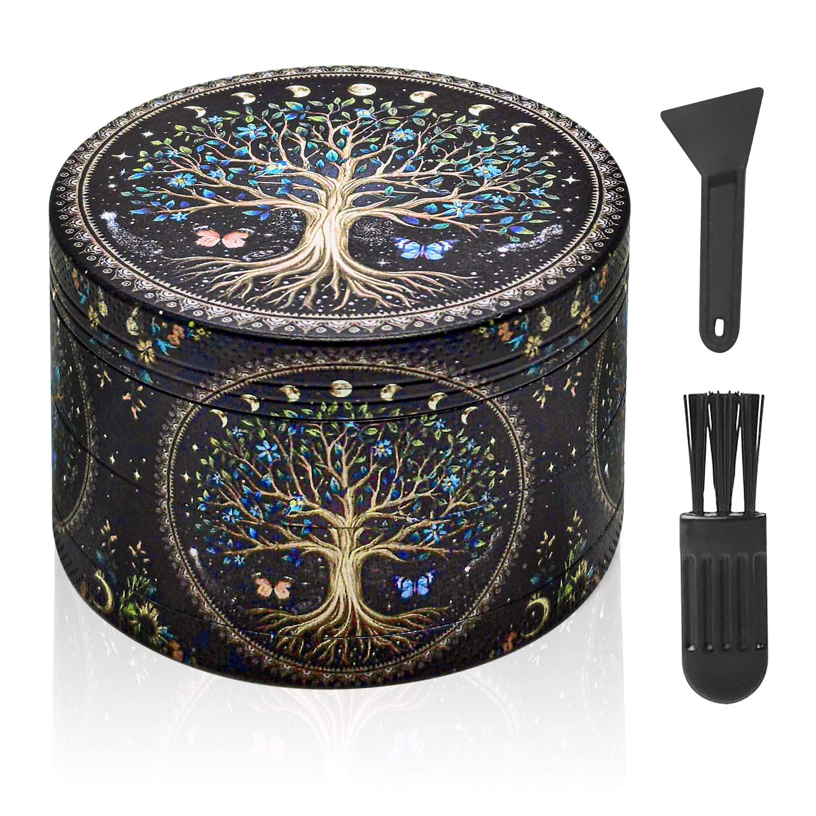 LHOEST Grinder 50MM Crusher 24 Grinding Teeth Metal Grinder Tree Design Cool 4 Layers Grinders Metal Crusher for Spice Mill with Scraper Plastic Brush