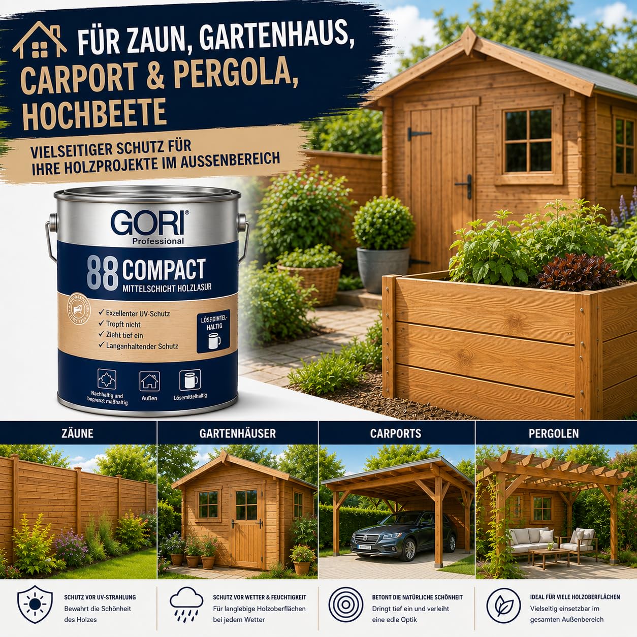 GORI 88 Premium Holzlasur außen, Eiche Hell, 2,5 L + Profi Pinsel | Holzschutzlasur außen wetterfest & Lasurpinsel I Wetterschutzfarbe Holz außen & Garten I Holzfarbe außen wetterfest
