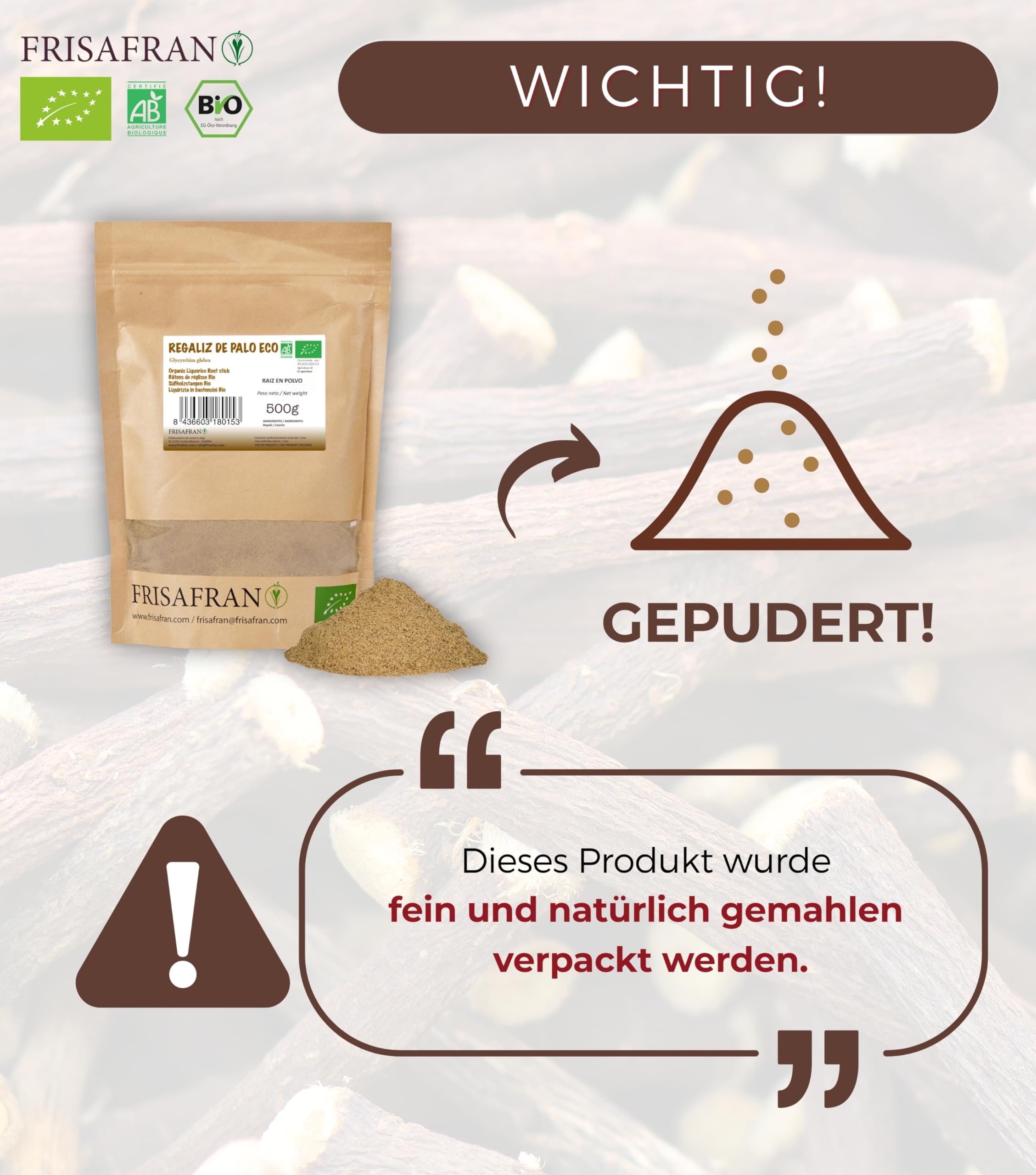 FRISAFRAN | BIO Süßholzwurzel gemahlen | 2kg | Gemahlene Süßholzwurzel | süßholzstangen pulverisiert | Lakritz Pulver | Lakritzwurzel | Licorice Root | geschnitten | Lakritze Pulver | Lakrids Pulver