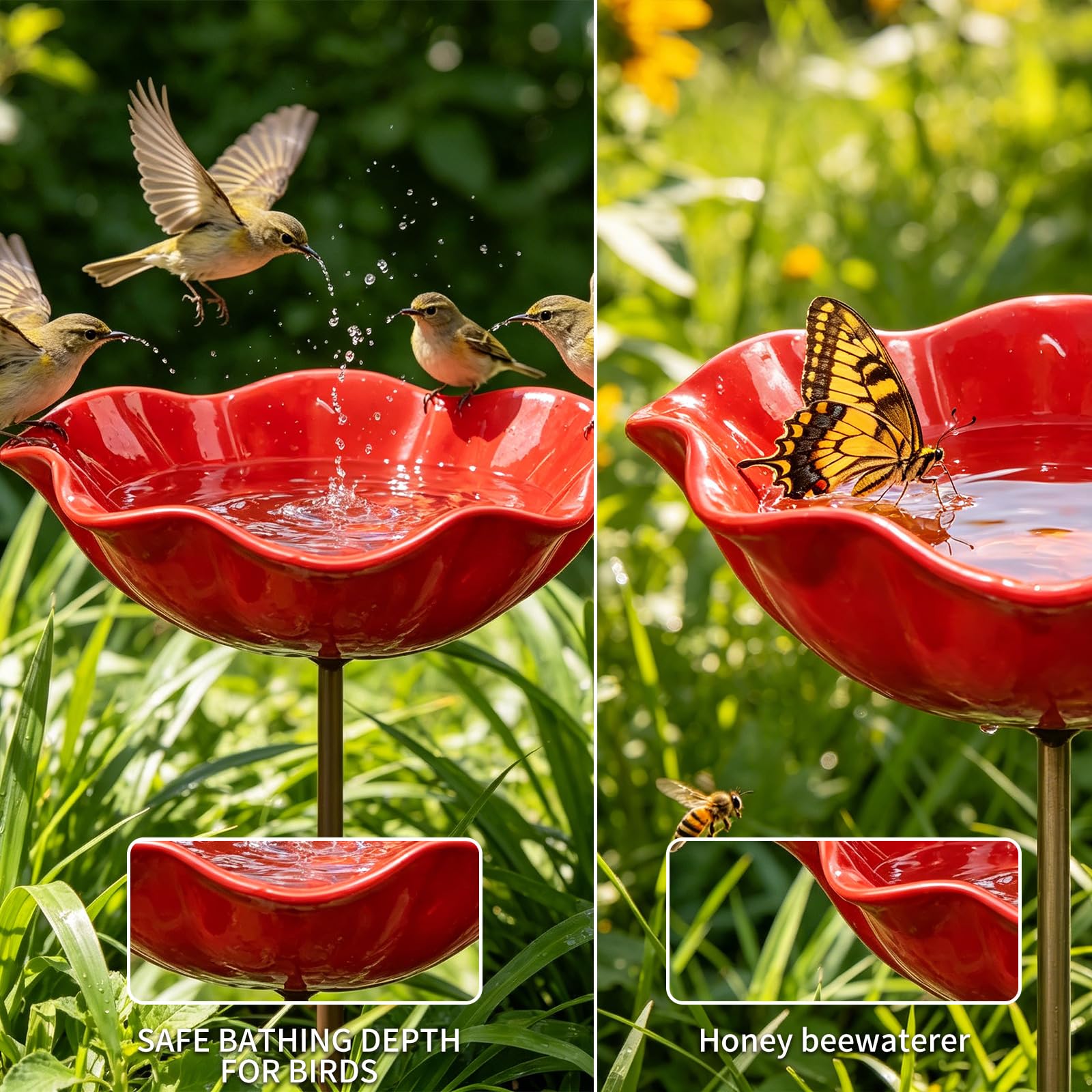 Handmade Metal Flower Garden Stake, Flower-Shaped Bee Watering Station for Garden, Dual-Function Metal Flowers Bird Bath & Pollinator Water Station, for Yard Lawn Patio Landscape Decor (Red,3PCS) - 4