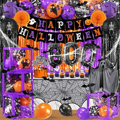 Vista 7 de Decoraciones de fiesta de Halloween, el kit de decoración de Halloween incluye cajas de globos de fantasma, mantel de telaraña, cortinas de aluminio