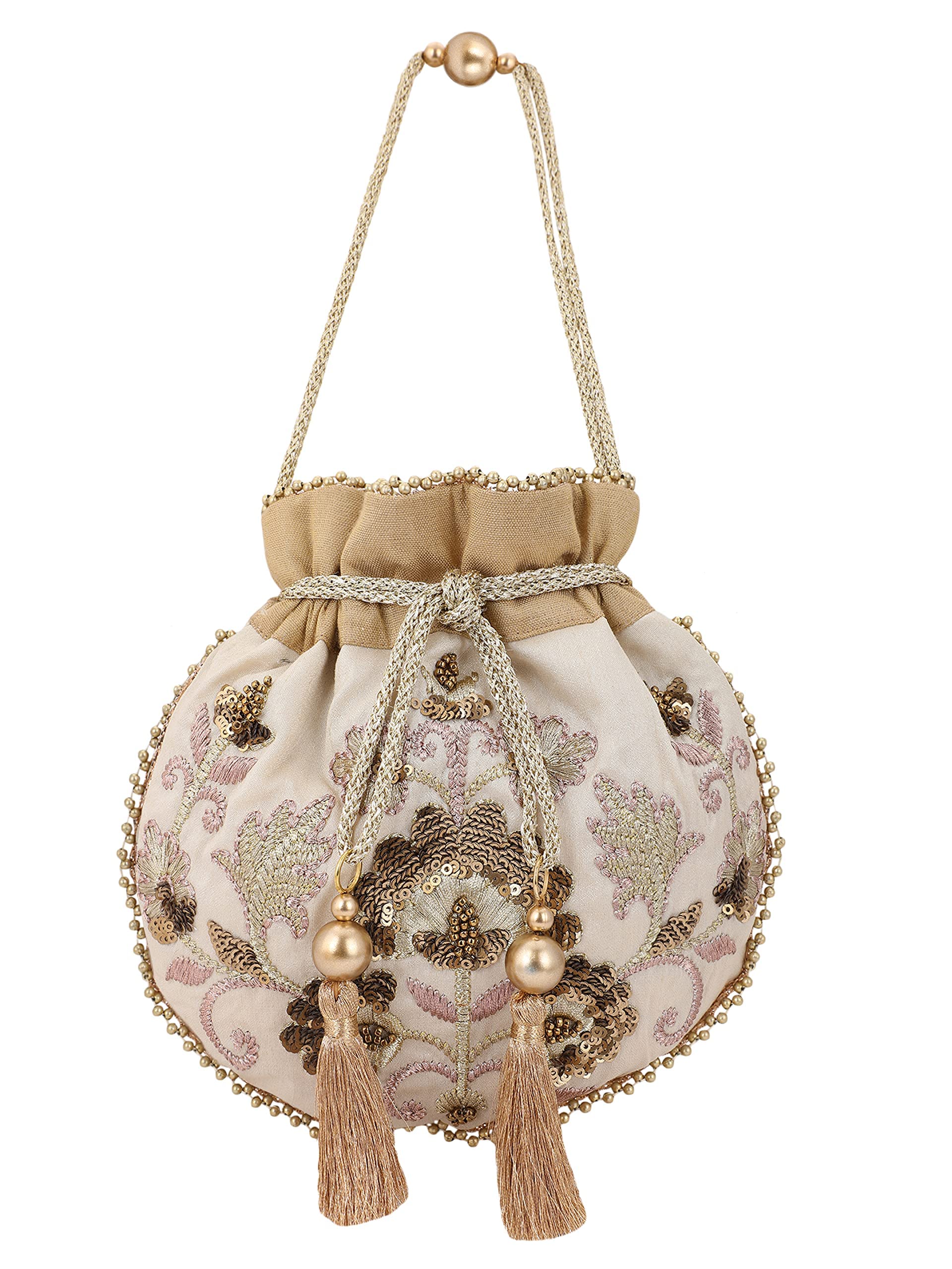 MASQ by Q-One Embellished MUGHAL Silk Potli Bag, Handbag, Wristlets, Clutch for Women, Girls with Handmade Embroidery, Sequin, Beads Work for Parties, Weddings and Special occasion (BEIGE) (B09YRK6YVB) Amazon Price History, Amazon Price Tracker