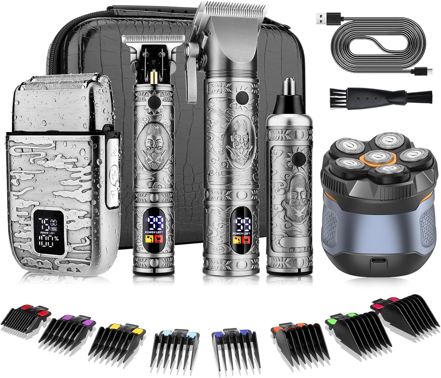 Pro Hair Clippers for Men,Hair Clippers+T-Blade Trimmer+Electric Shaver+Nose Hair Trimmer +6D Electric Head Shaver Set,5 in 1 Cordless Barber Hair Cutting Kit LCD Display Gifts