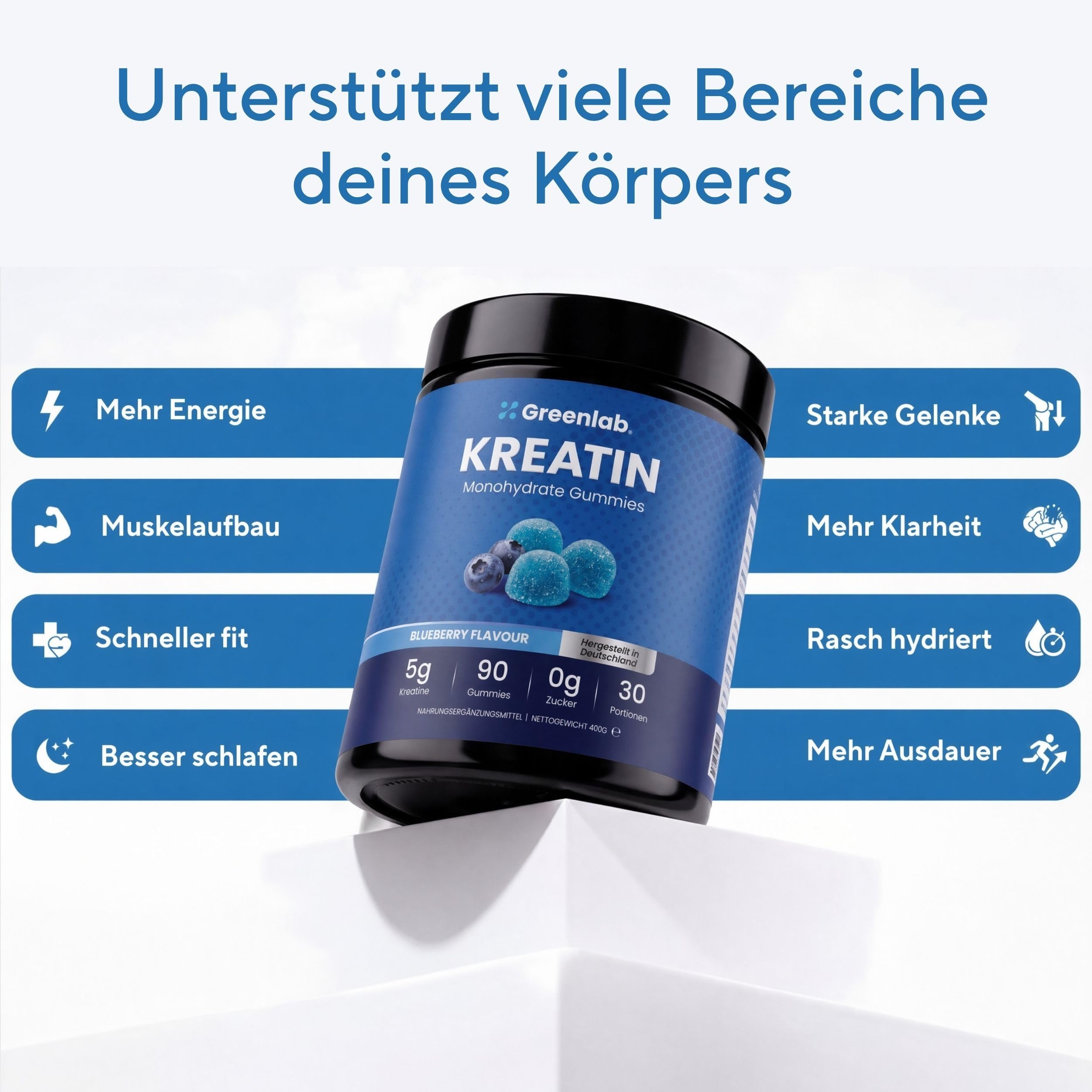 NEU - Greenlab Kreatin Monohydrat Gummies für Männer & Frauen - 5,000mg pro Tagesdosis, 90 Gummies, Zuckerfrei, Vegan, Blueberry Geschmack, Made in Germany