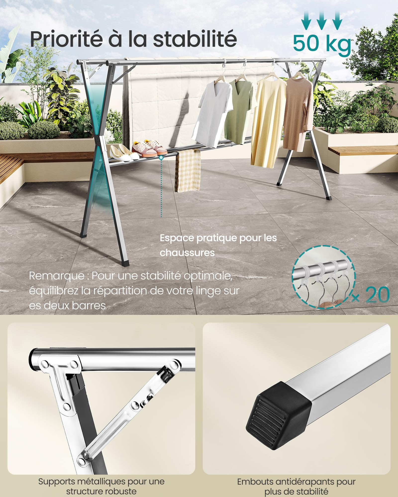 SONGMICS Étendoir à Linge Pliable, Séchoir à Linge sur Pied, Robuste, en Acier Inoxydable, pour Intérieur et Extérieur, Gris Tourterelle, Extensible de 143 à 238 cm LLR903E01