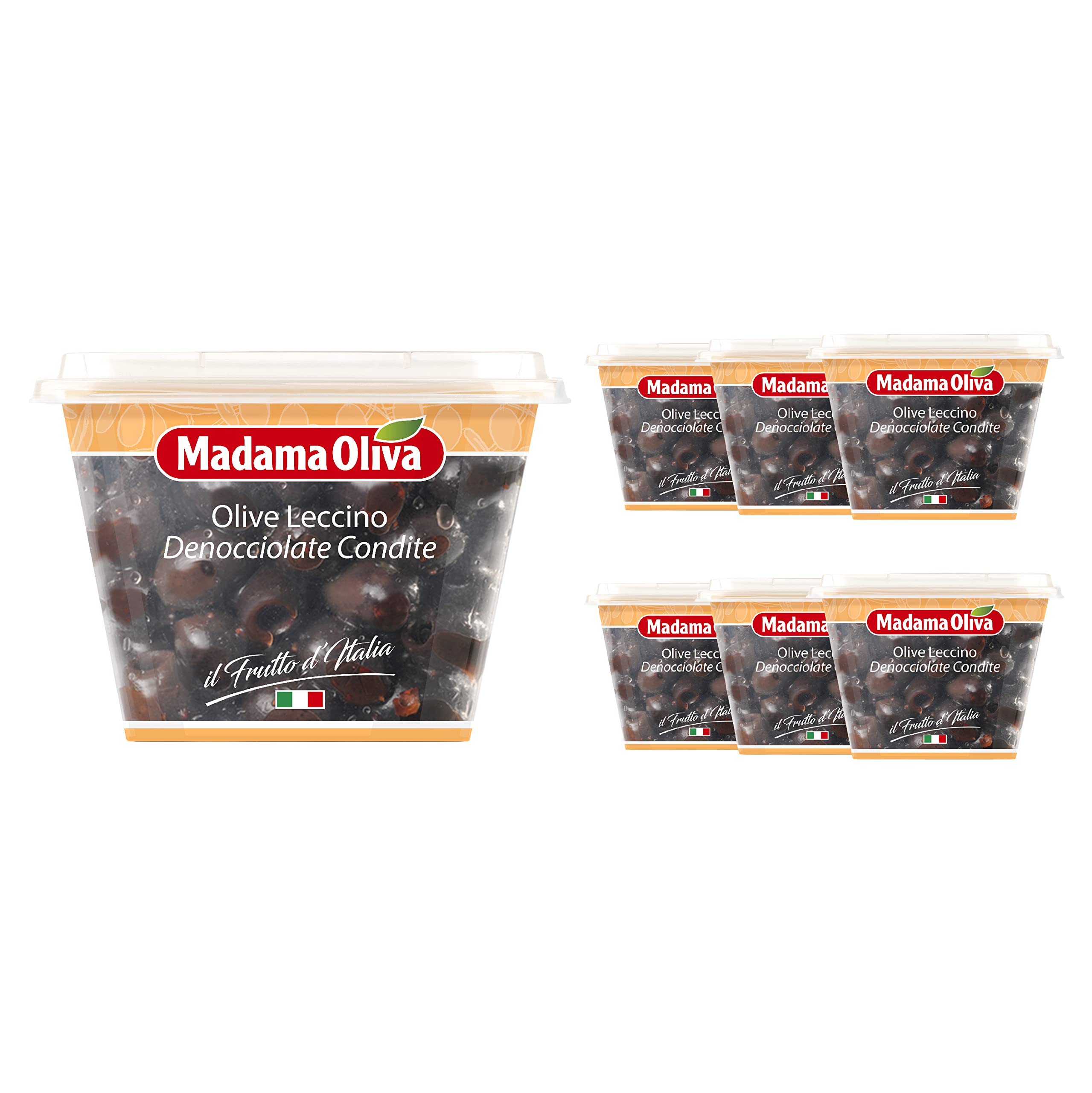 MADAMA OLIVA, Olive Nere Leccino Denocciolate Condite dal Sapore Speziato e Leggermente Aromatico, Ideale per Stuzzichini e Antipasti, 100% Made in Italy, 6 x 200 gr