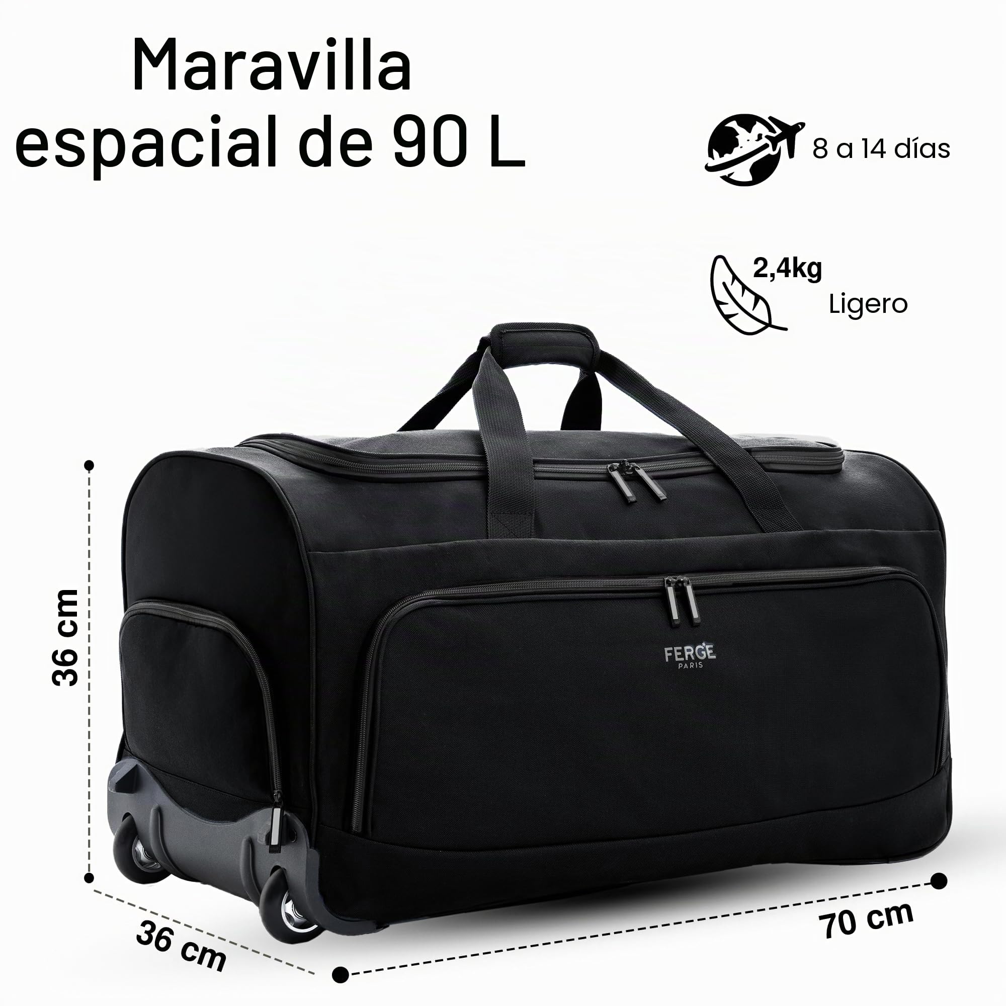 FERGÉ Bolsa de Viaje con Ruedas Paris | Compartimento Separado para Zapatos Maleta Blanda Trolley Bolsa de Viaje Weekender Paris 90 litros, Negro