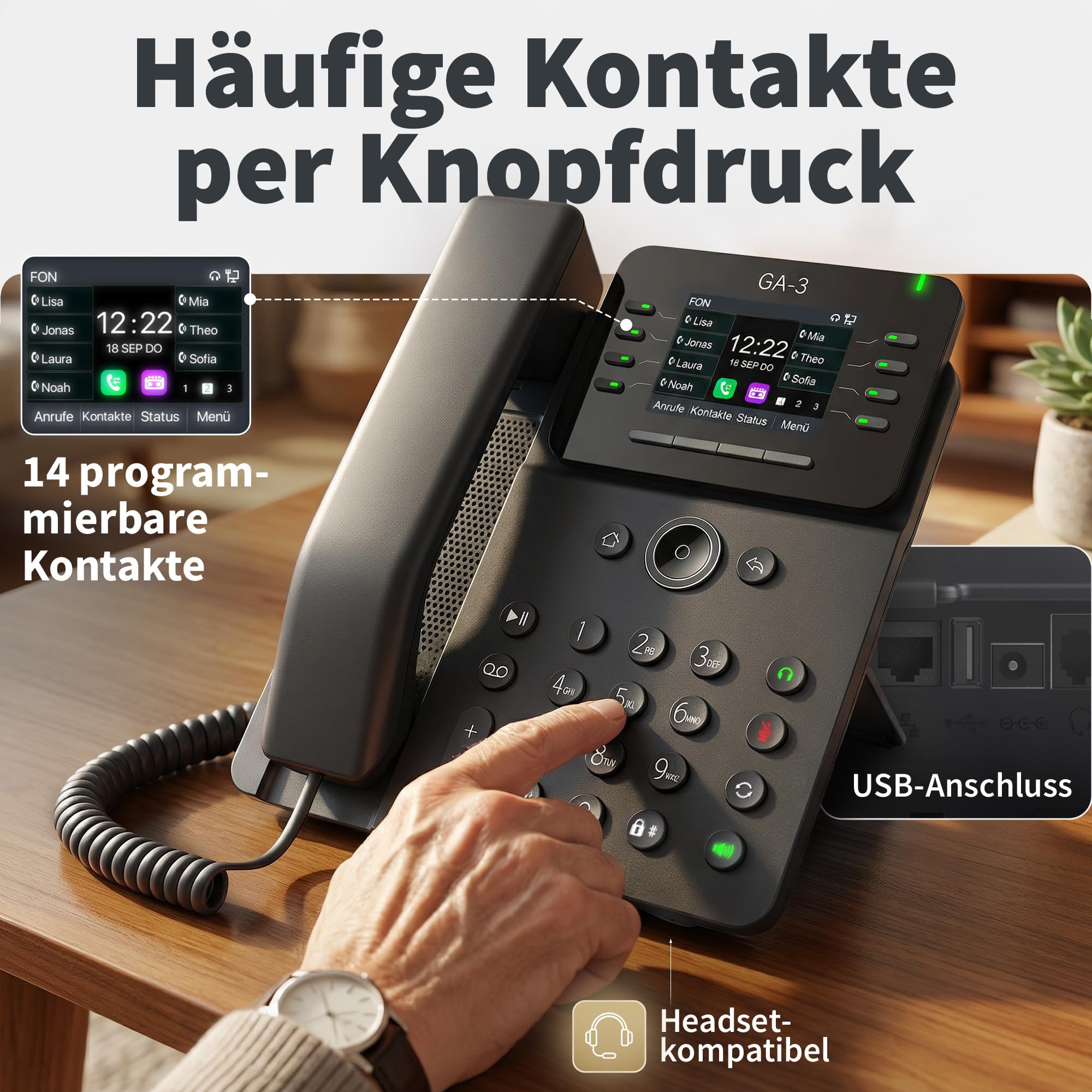 GEQUDIO GA-3 Festnetztelefon Schnurgebunden Anrufbeantworter Farbdisplay Tischtelefon für alle Anschlüsse FritzBox Speedport TAE Hybrid IP Deutsche Anleitung USB EU-Version