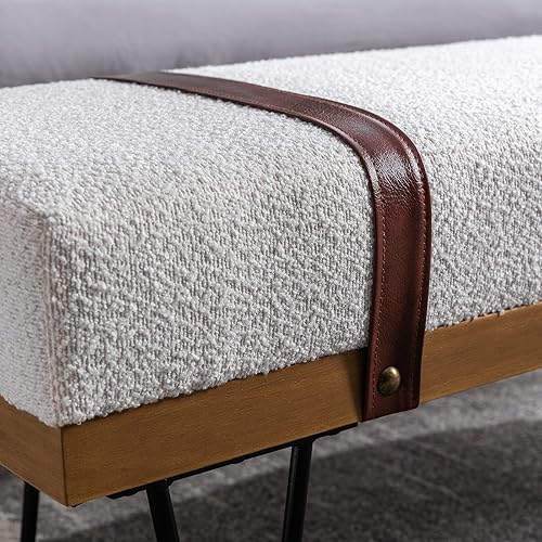 Miniatura 4 de DUOMAY Banco otomano rectangular moderno industrial con correa de poliuretano y patas de metal, mesa de comedor Sherpa de mediados de siglo,