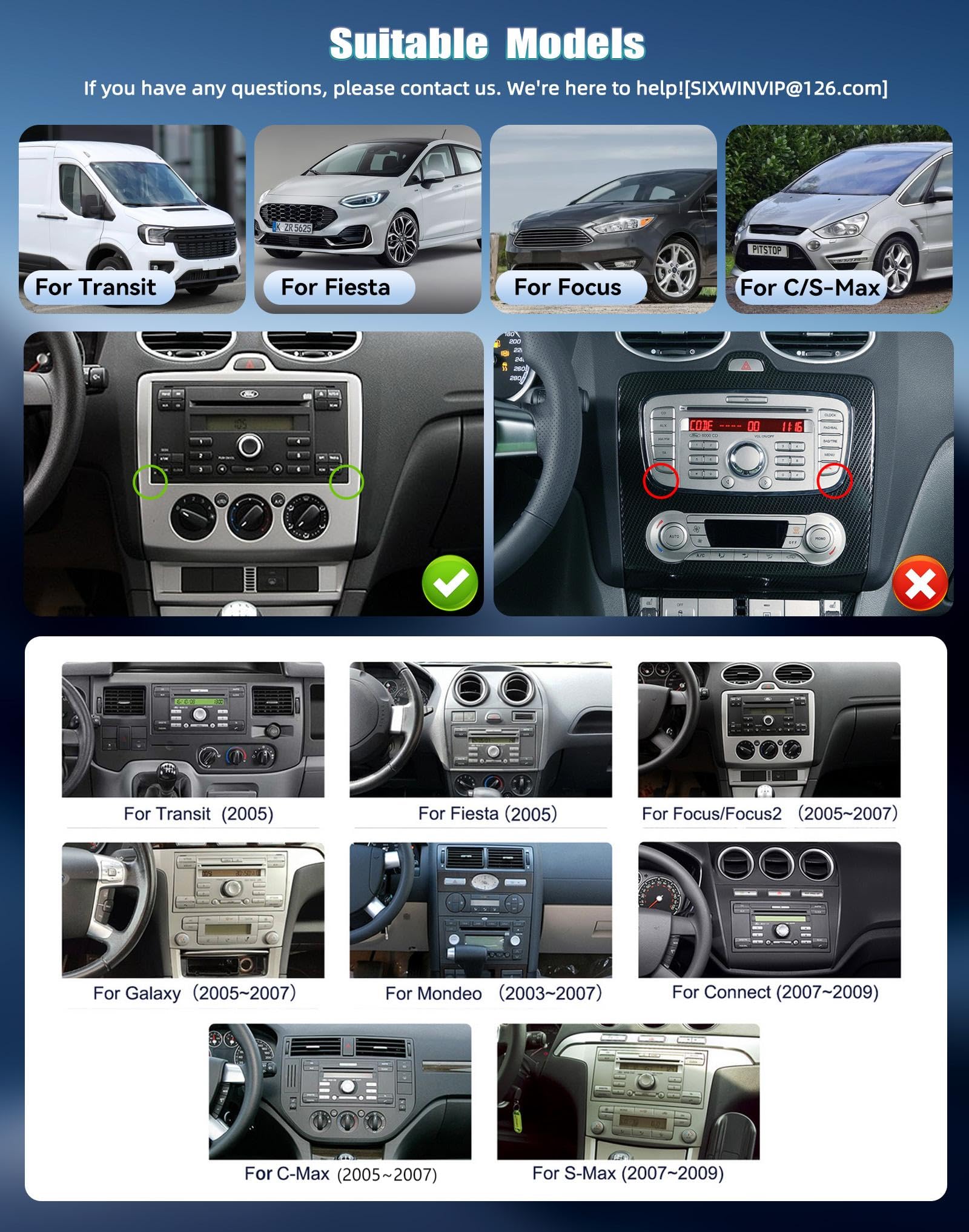 SIXWIN Radio samochodowe 4 + 64 G Android 15 z CarPlay/Android Auto/Mirror Link do Ford C-Max/Galaxy/Connect/Fiesta/S-Max, ekran dotykowy HD z WiFi GPS Bluetooth 5.0 FM/RDS 32EQ USB/Type-C (srebrne)