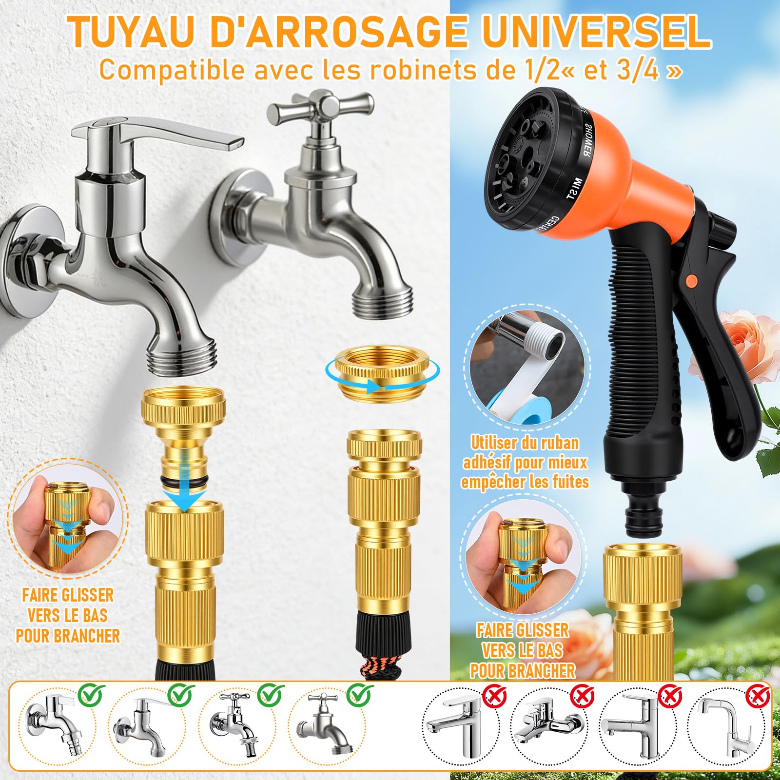Manguera Extensible 30M/100FT, Manguera de Jardín Extensible Pistola de Riego con 8 Funciones Pistola Hose Con 3/4" y 1/2" Accesorios de aleación de zinc. el Riego de Plantas Hortícolas (Orange)