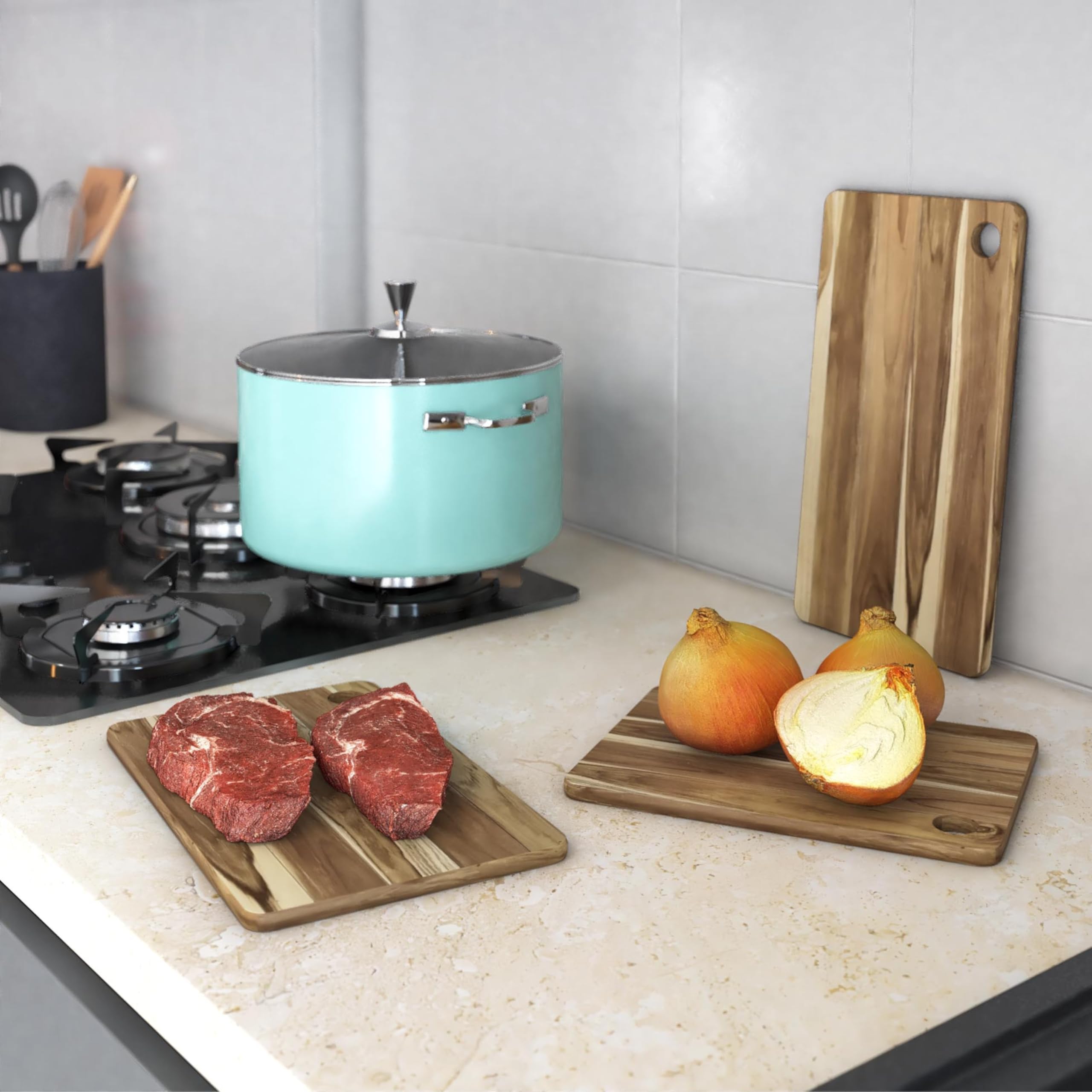 Erreke Set de 3 Tablas Reversibles en Madera de Teca en Diferentes Tamaños, Tabla Cortar Cocina Madera, Soporte Incluído Cocina Barbacoa Servir Carne Queso Pan