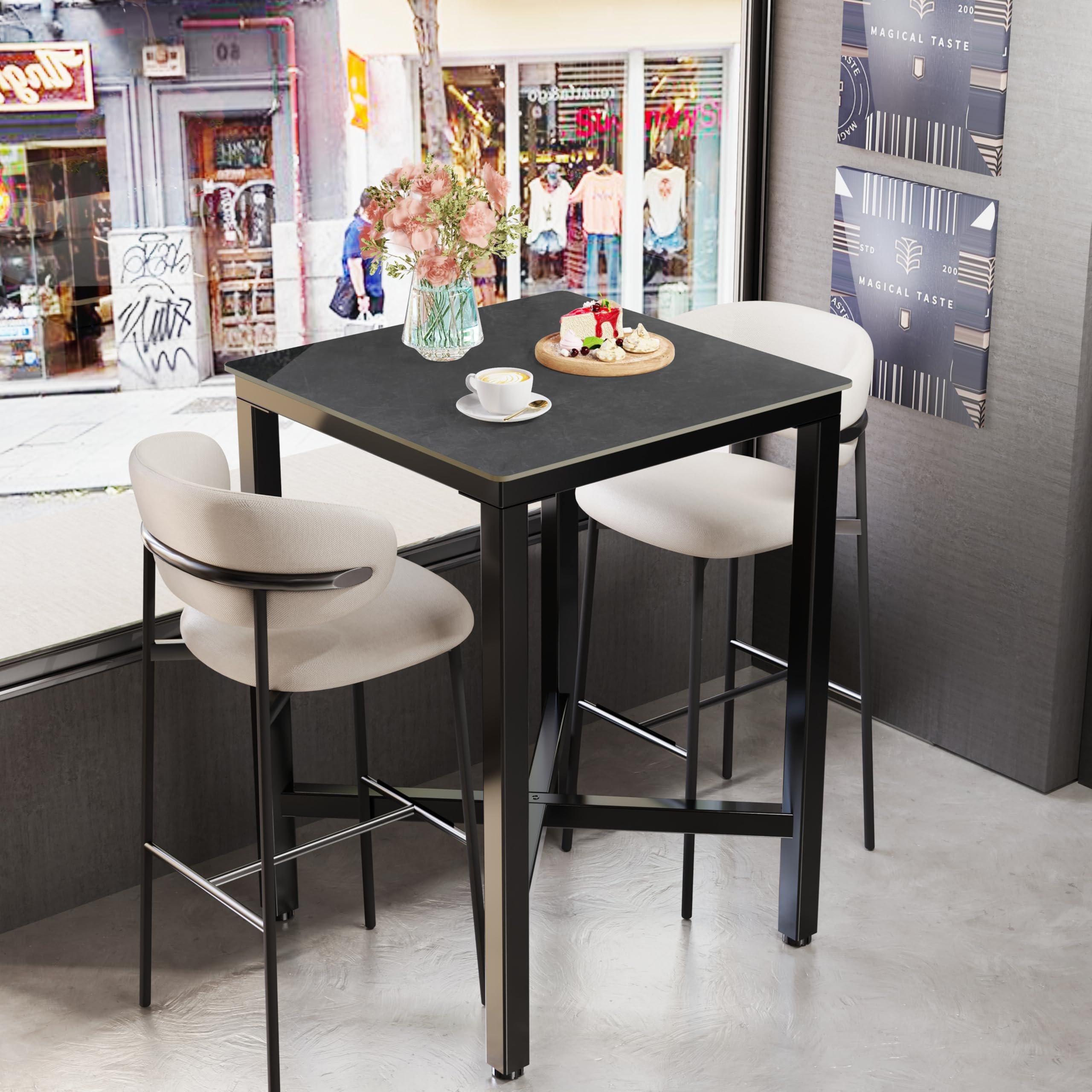 Wisfor Sintered Stone Bar Table: Black Mixed Grey Counter Height Dining Tables with Black Metal Frame - High Top Pub Bartables for Narrow Spaces (