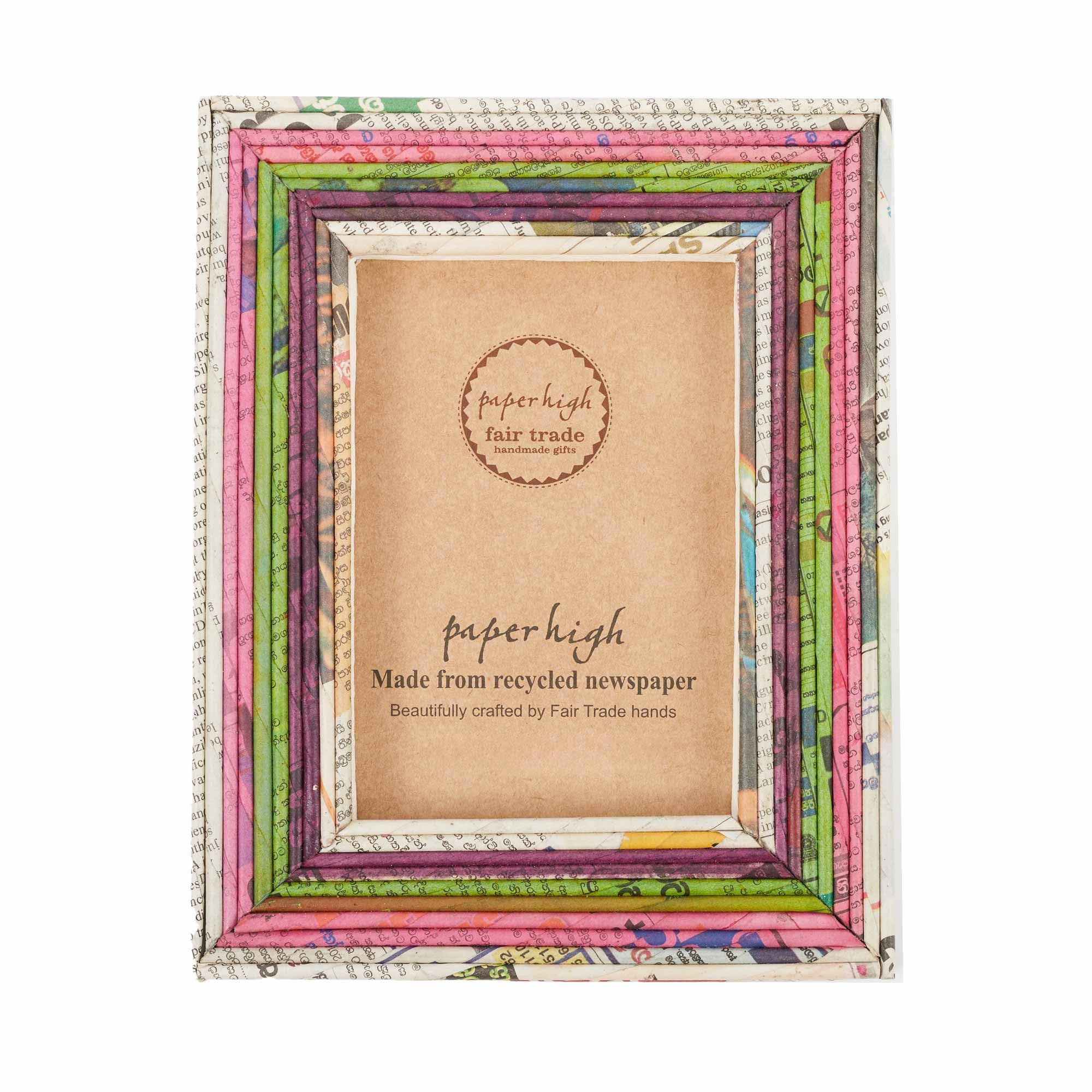 Paper High Natural/Pink/Green/Purple Recycled Newspaper Photo Frame | 6 X 4, 7 X 5 And 10 X 8 Inches | Sustainable Picture Frame | Handmade Colourful Frames | Fair Trade Gifts (, To Fit A 10X8 Photo)