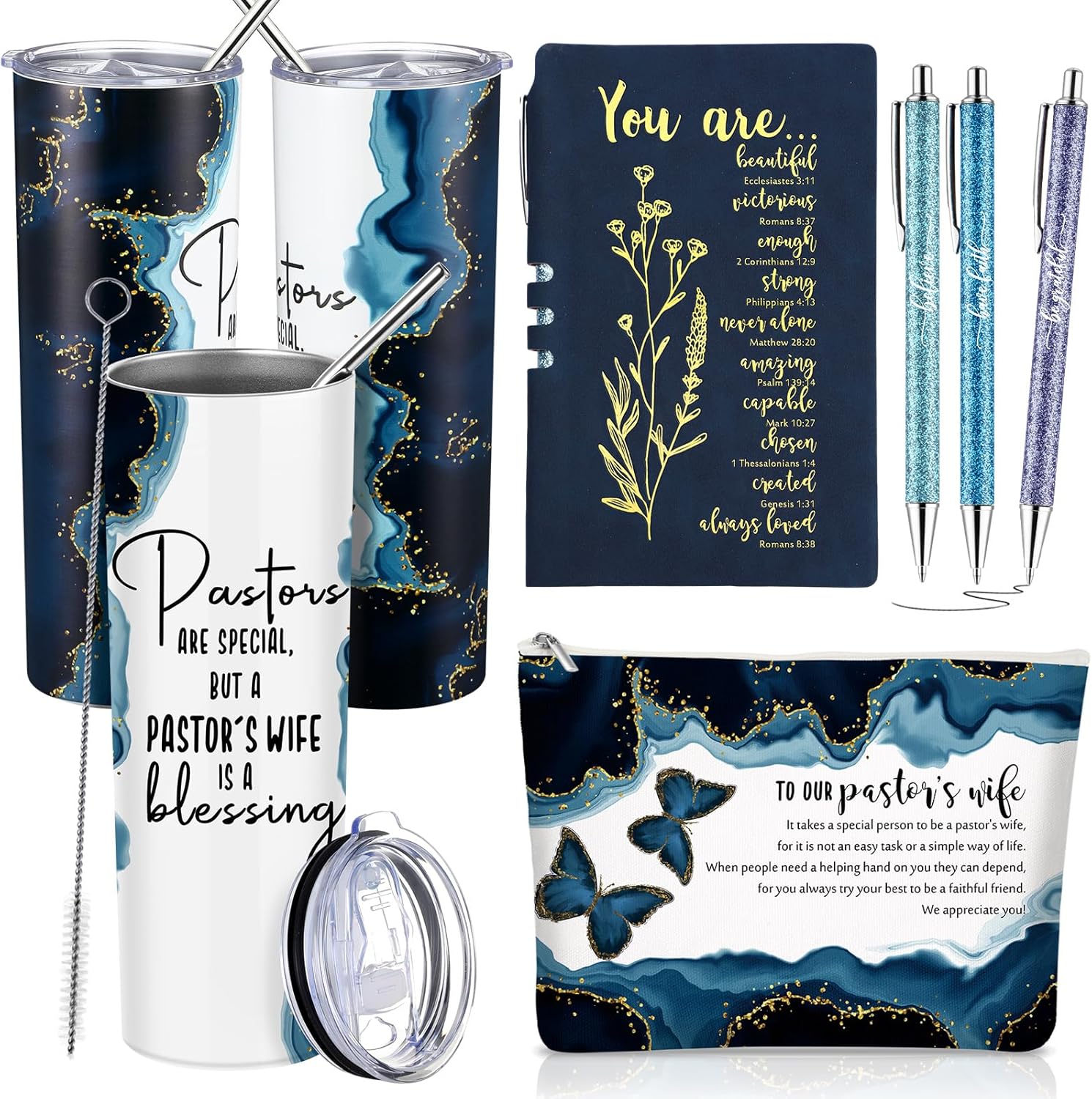 6 Pcs Valentine's Day Pastor's Wife Appreciation Gifts 20oz Marble Tumbler Christian Makeup Bag A6 Journal Ballpoint Pen Inspirational Thank You Gift for Church Women Coworker(Blue)