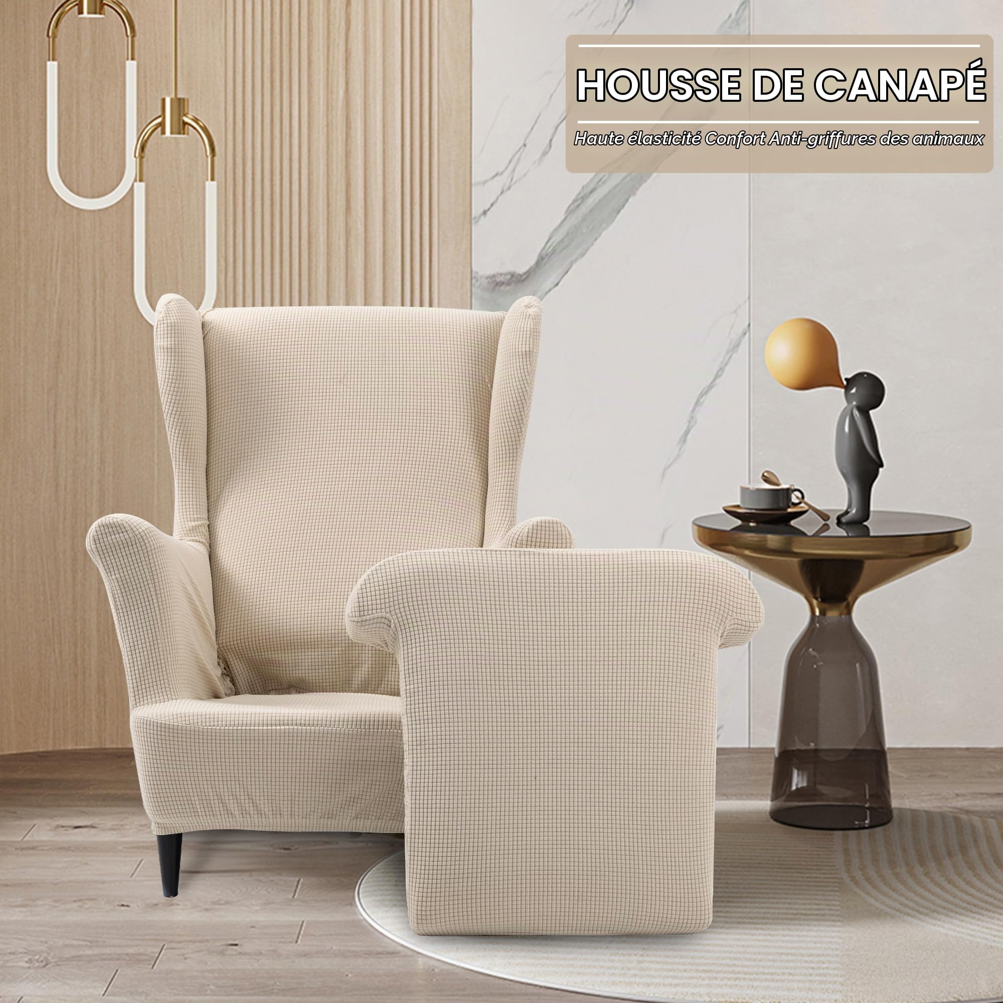 TIANSHU Housse de Chaise à Oreilles, Housse Fauteuil Antidérapante Tissu Jacquard Spandex avec Fond Élastique Protecteur de Meubles Lavable pour Salon Chambre d'Hôtel(Type B, Beige)