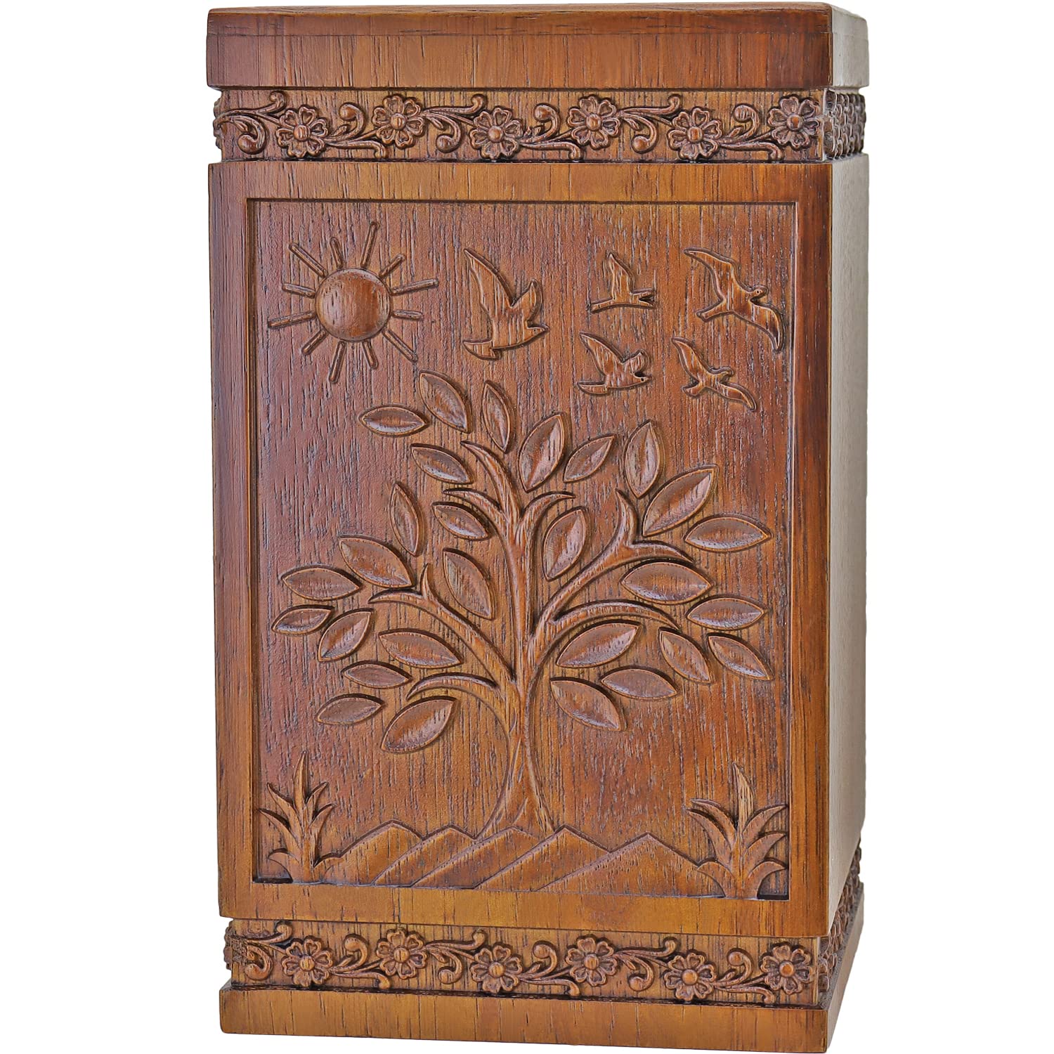 Urns for Wooden, Cremation Urns for Human Ashes Adult - Hand Engraving Tree of Life - Funeral Urn for Mother / Father - Display Burial at Home or in Niche at Columbarium ( Large Wood Decorative Urn