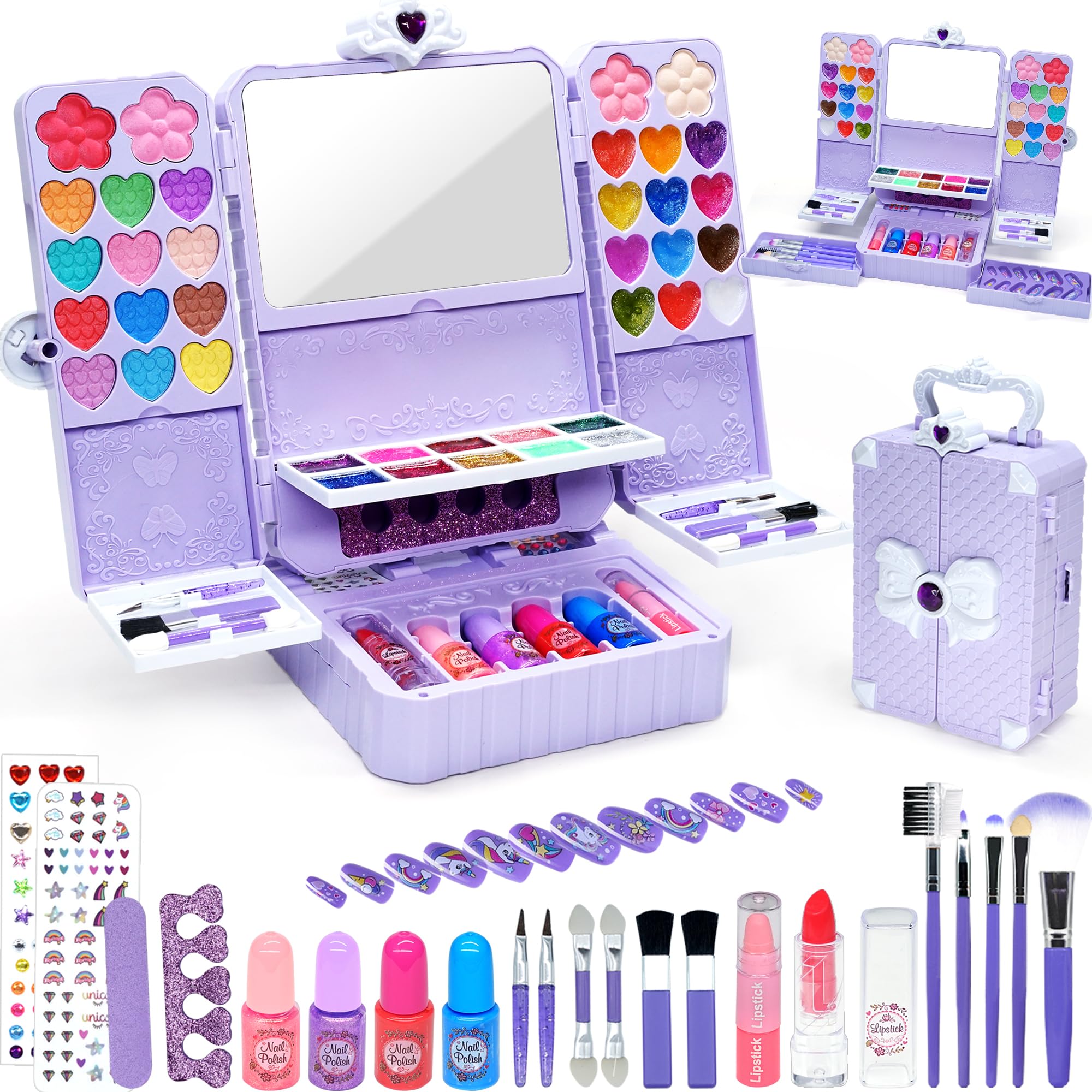Juego de maquillaje infantil para niña, lavable, juego de maquillaje, juguetes, caja de maquillaje, juguetes, Halloween, Navidad, cumpleaños, 4-12 años, color lila