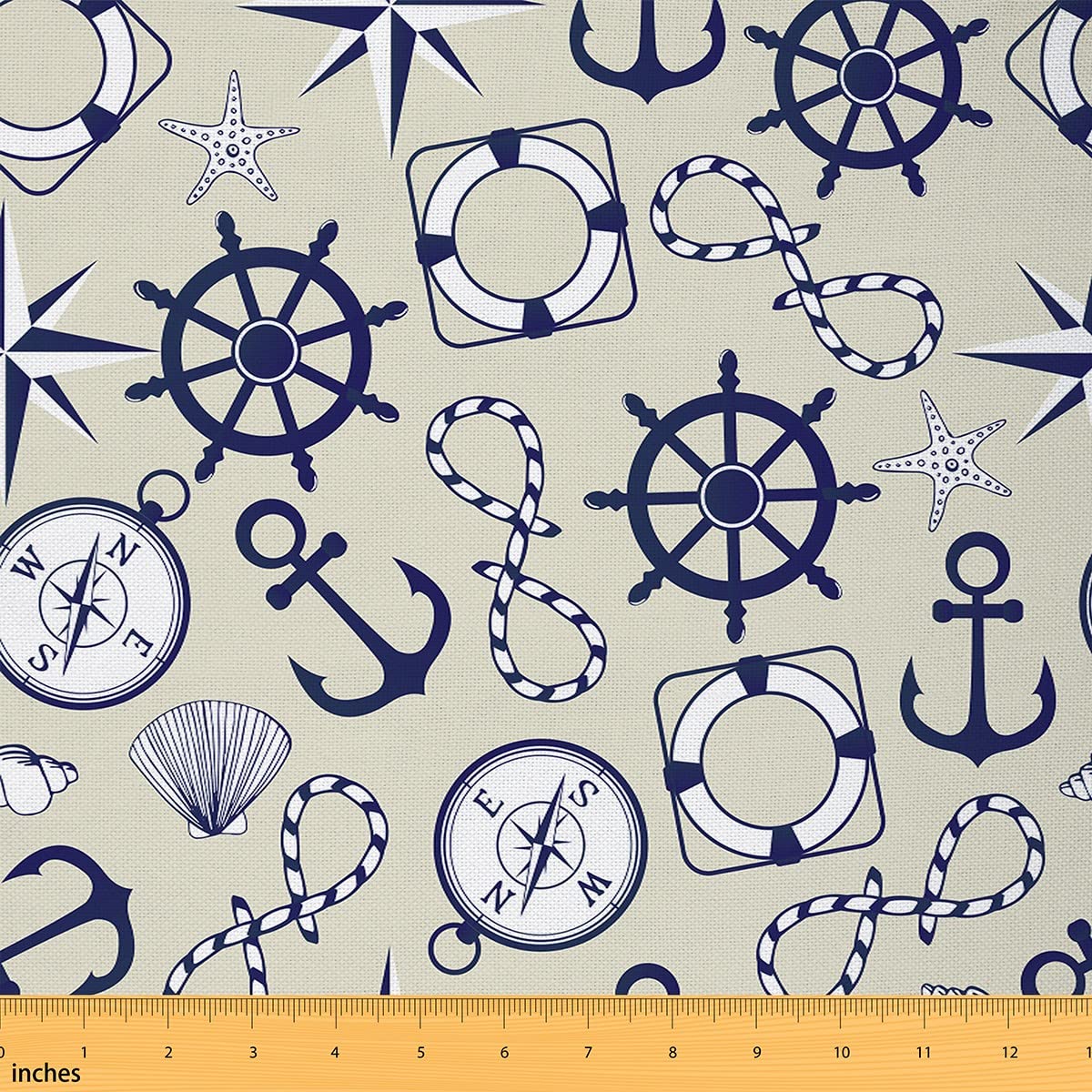 Anchor Compass Fabric by The Yard Navy Blue White Rope Rudder Fabric for Kids Teens Adults Nautical Theme Sea Creature Starfish DIY Sewing Fabric for Sofa Chair Kids Bedroom Decor,5 Yards