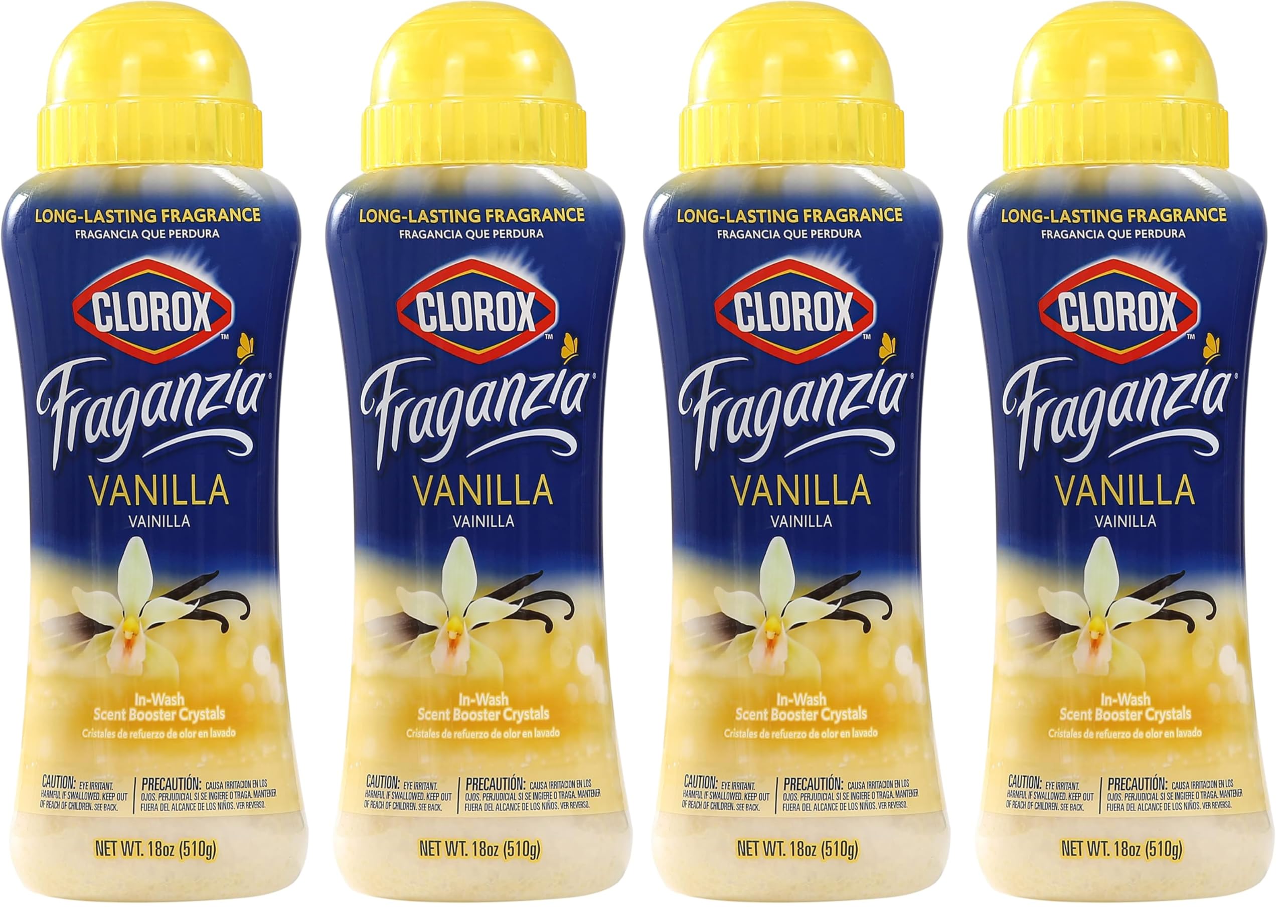 Clorox Fraganzia Laundry Scent Booster Crystals,In-Wash Fragrance Beads for Fresh-Smelling Clothes &amp; Linens,Safe for All Fabrics &amp; Colors,Easy-Pour Bottle,Vanilla Scent,18 Oz,(Pack of 4)