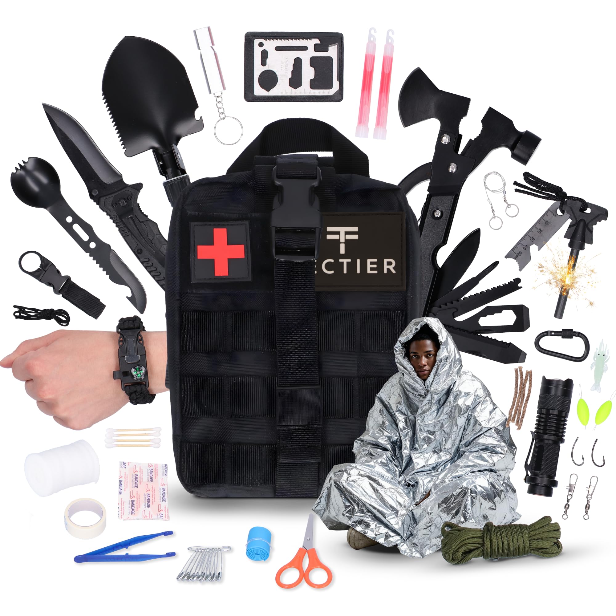 142-teiliges Notfallpaket im Rucksack – Komplettes Überlebenskit für Notfälle – Erste Hilfe, Feuerstarter, Taschenlampe, Angelgerät & Werkzeuge – Notfall-Überlebensset für Zuhause, Auto